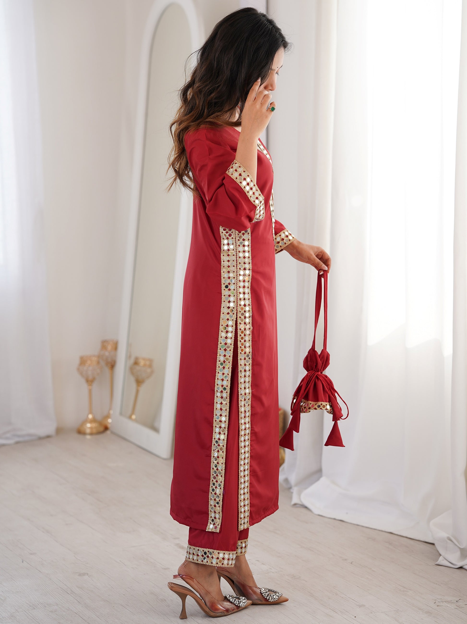 Stunning Red Mirror Work Crepe Festival Wear Kurti Suit With Batwa