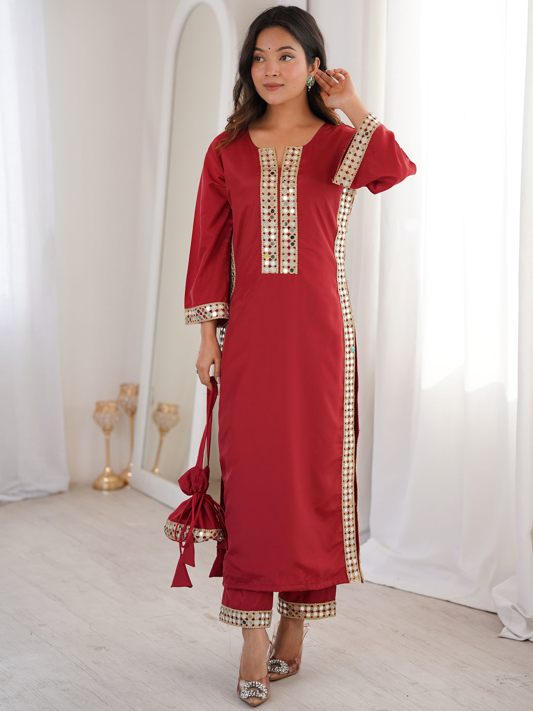 Stunning Red Mirror Work Crepe Festival Wear Kurti Suit With Batwa
