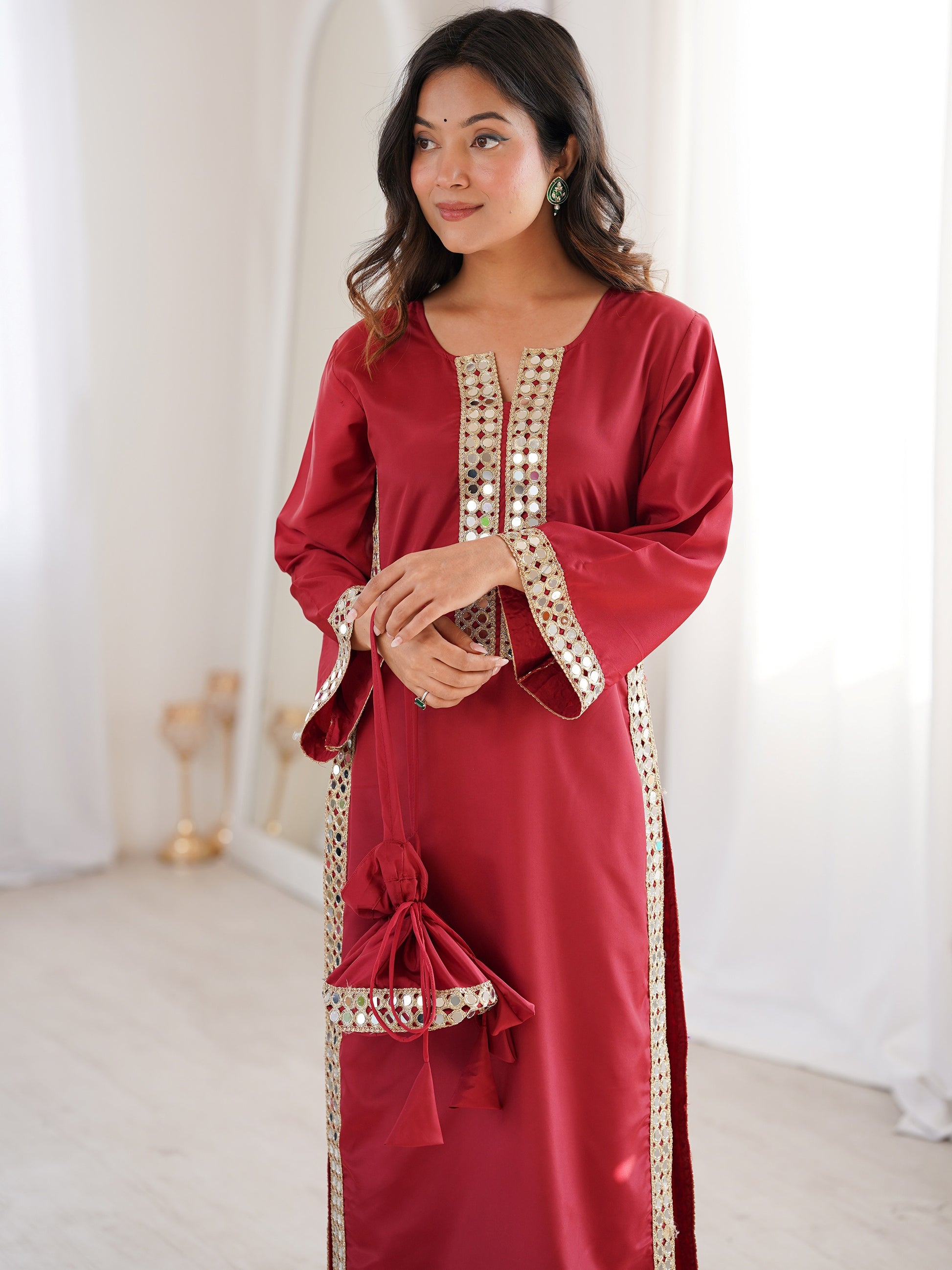 Stunning Red Mirror Work Crepe Festival Wear Kurti Suit With Batwa