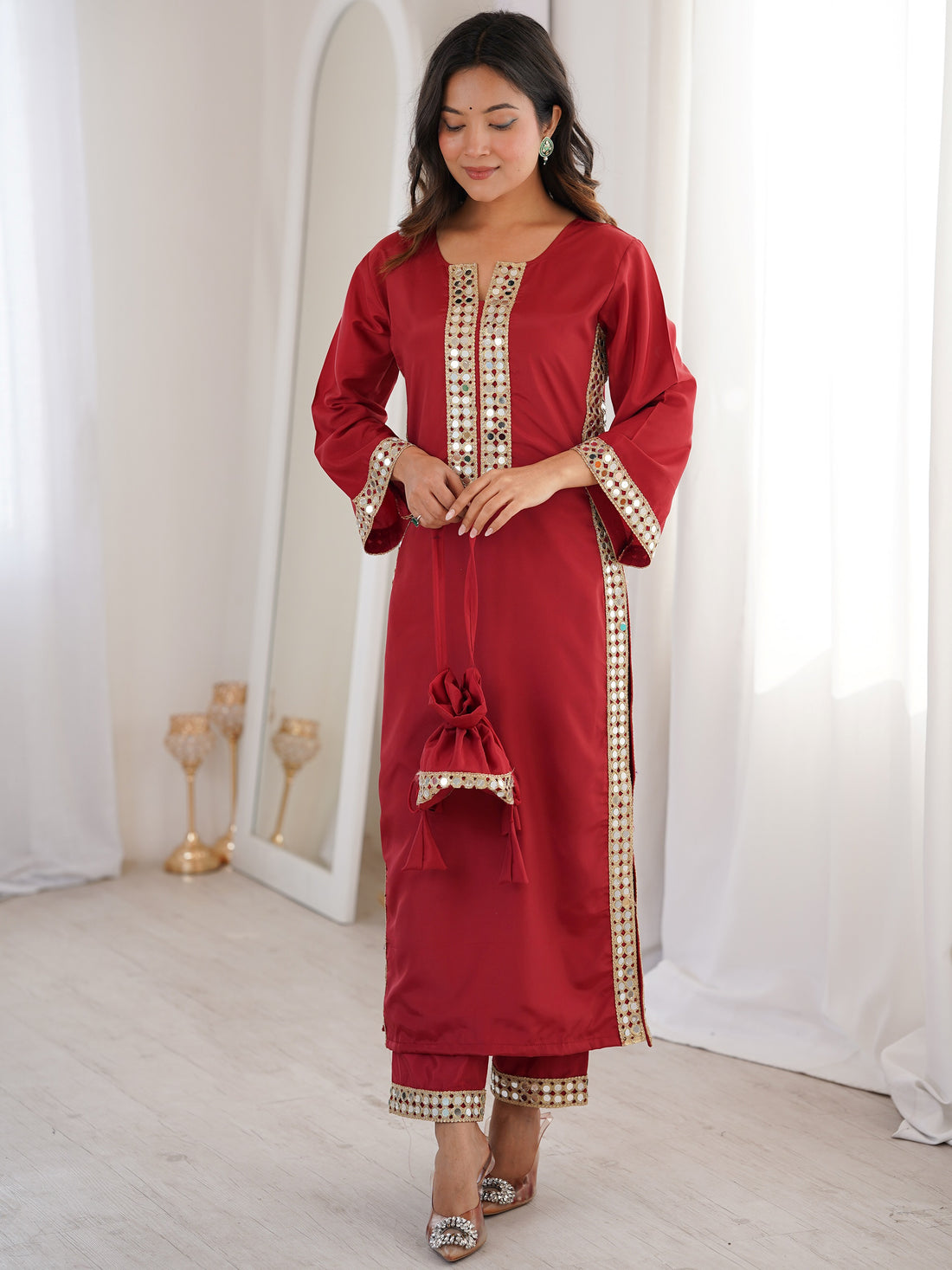 Stunning Red Mirror Work Crepe Festival Wear Kurti Suit With Batwa