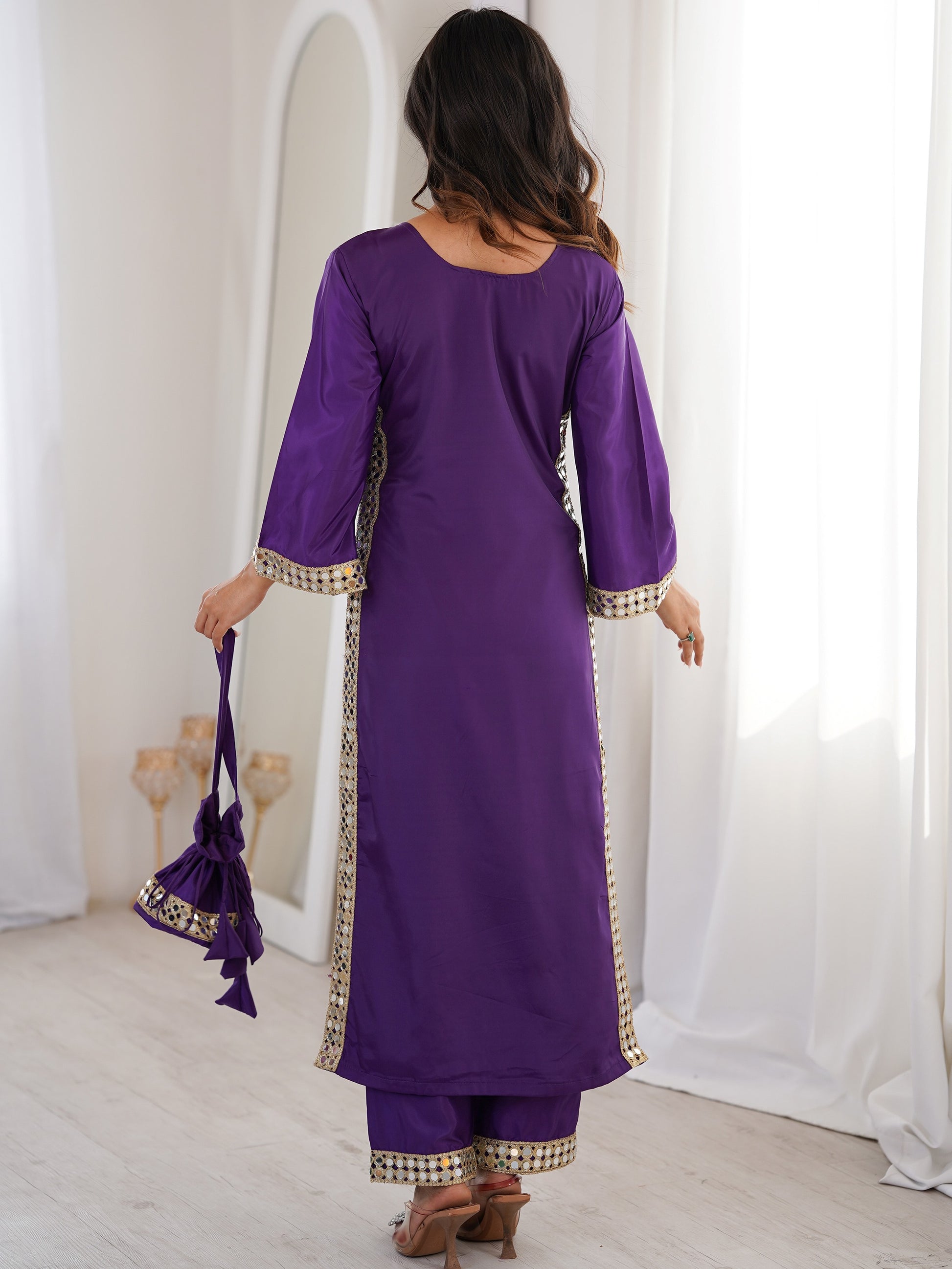 Sparkling Purple Mirror Work Crepe Festival Wear Kurti Suit With Batwa