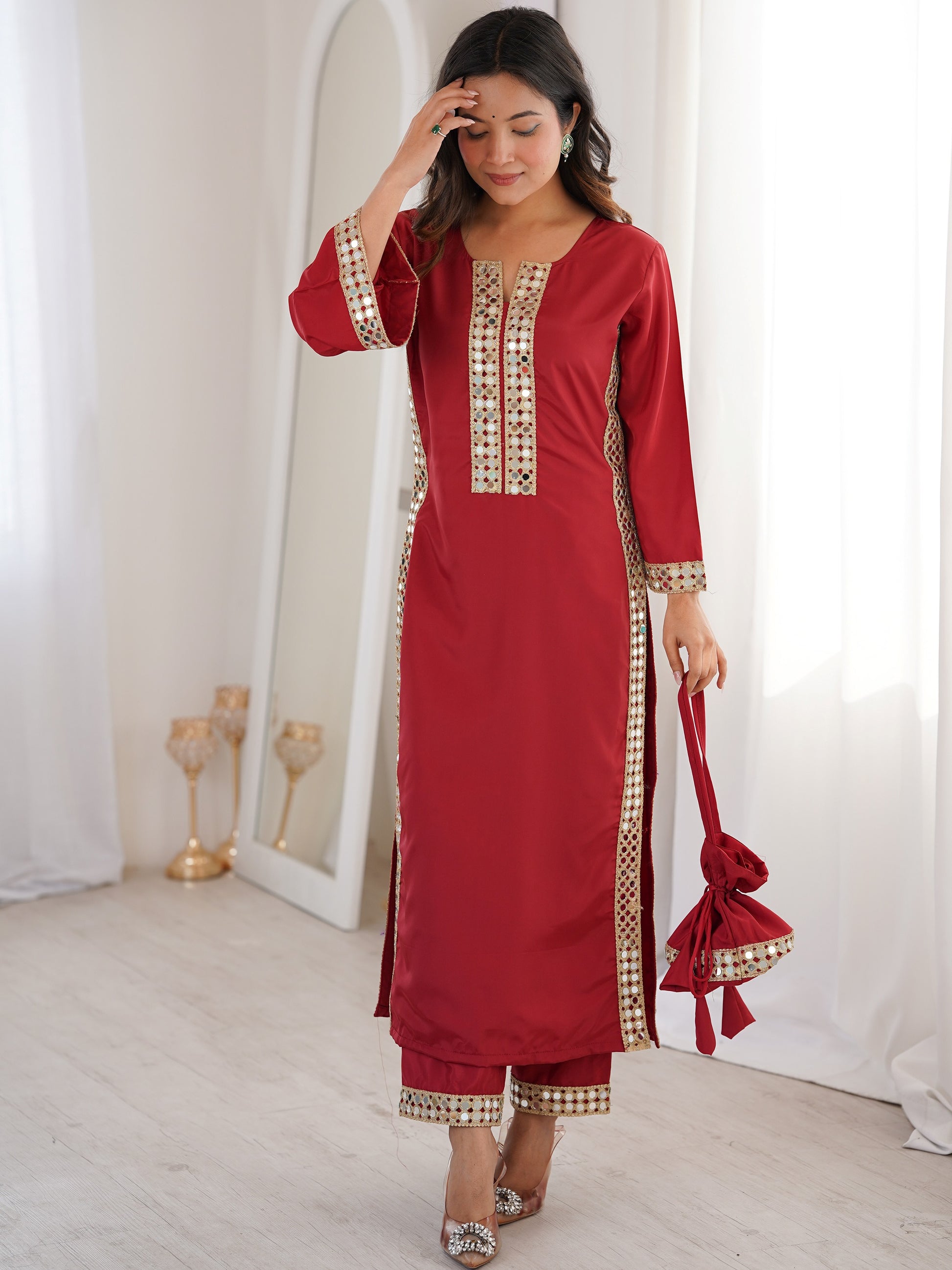 Stunning Red Mirror Work Crepe Festival Wear Kurti Suit With Batwa