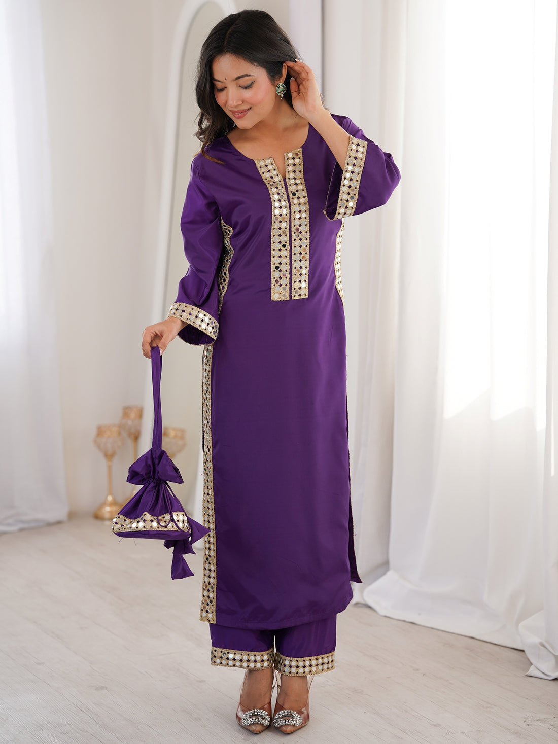 Sparkling Purple Mirror Work Crepe Festival Wear Kurti Suit With Batwa