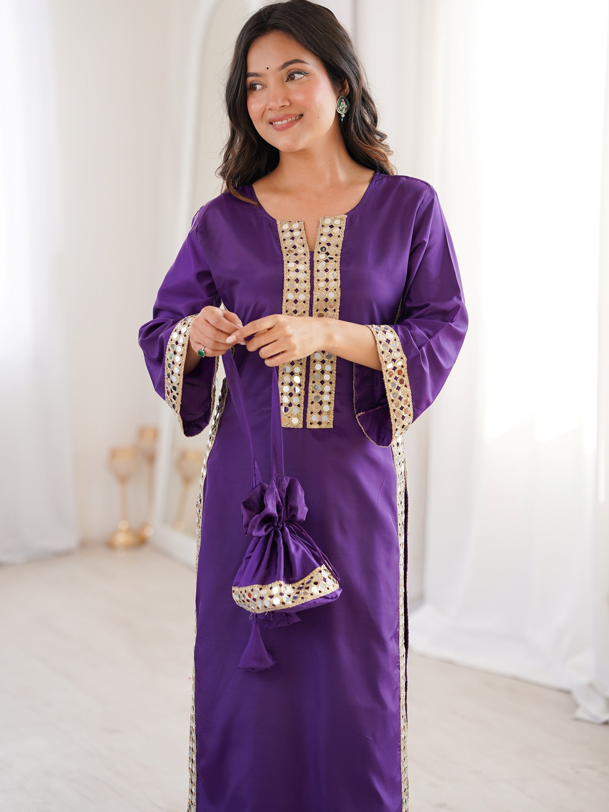 Sparkling Purple Mirror Work Crepe Festival Wear Kurti Suit With Batwa