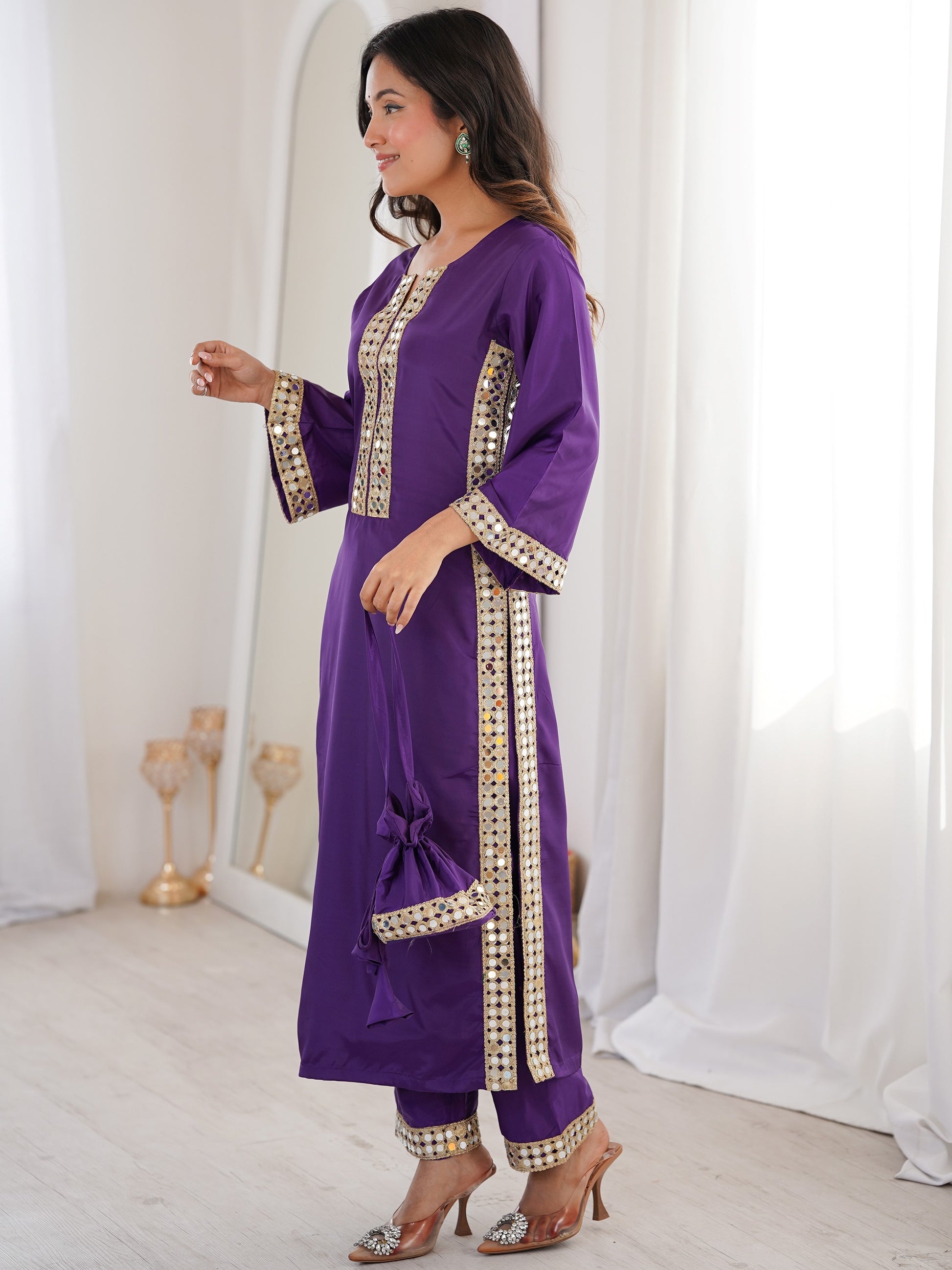 Sparkling Purple Mirror Work Crepe Festival Wear Kurti Suit With Batwa