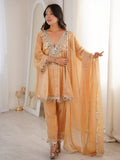 Attractive Beige Lace Work Silk Event Wear Pant Suit With Dupatta