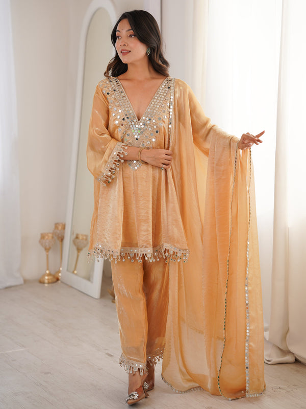 Attractive Beige Lace Work Silk Event Wear Pant Suit With Dupatta