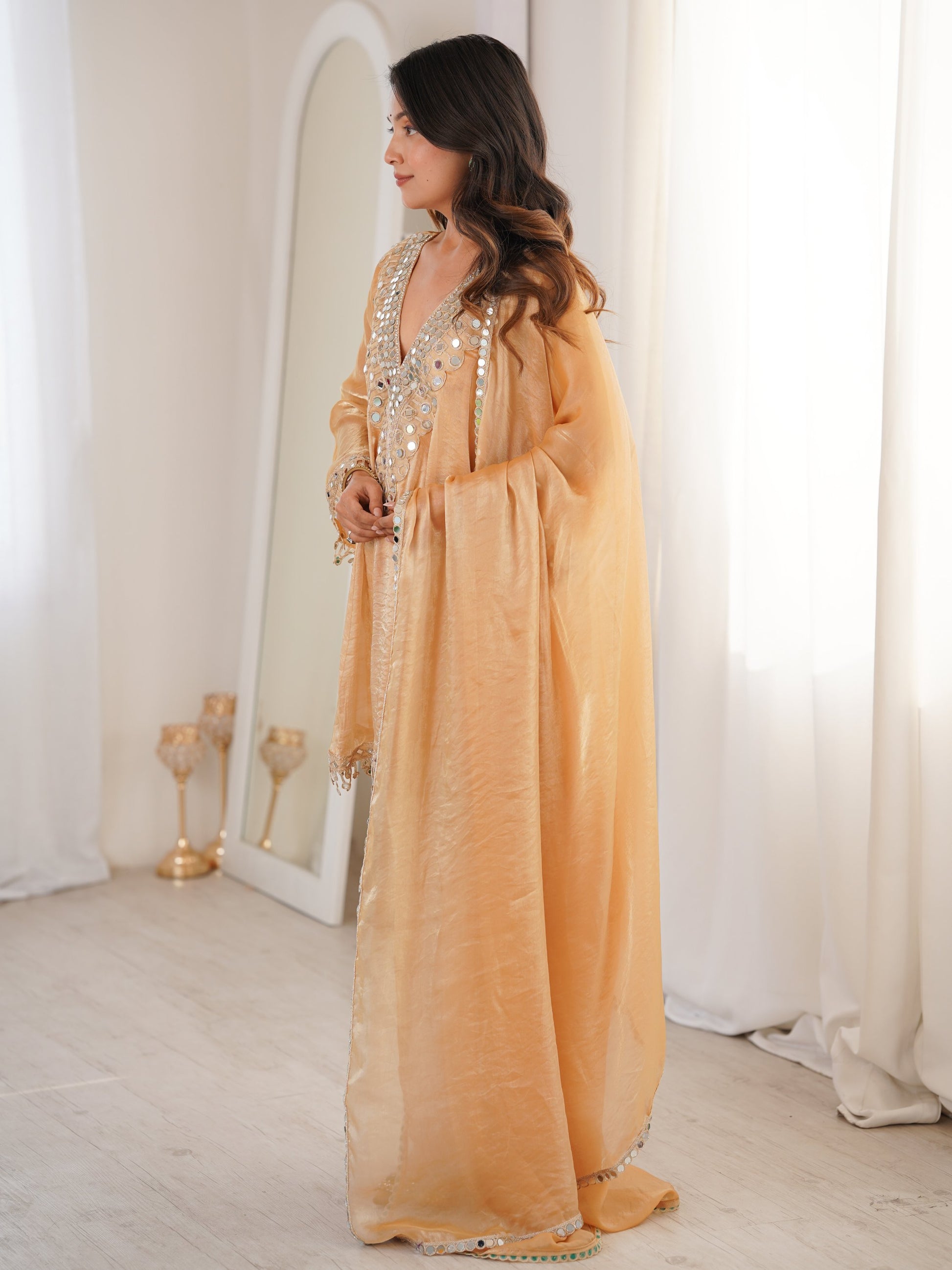 Attractive Beige Lace Work Silk Event Wear Pant Suit With Dupatta