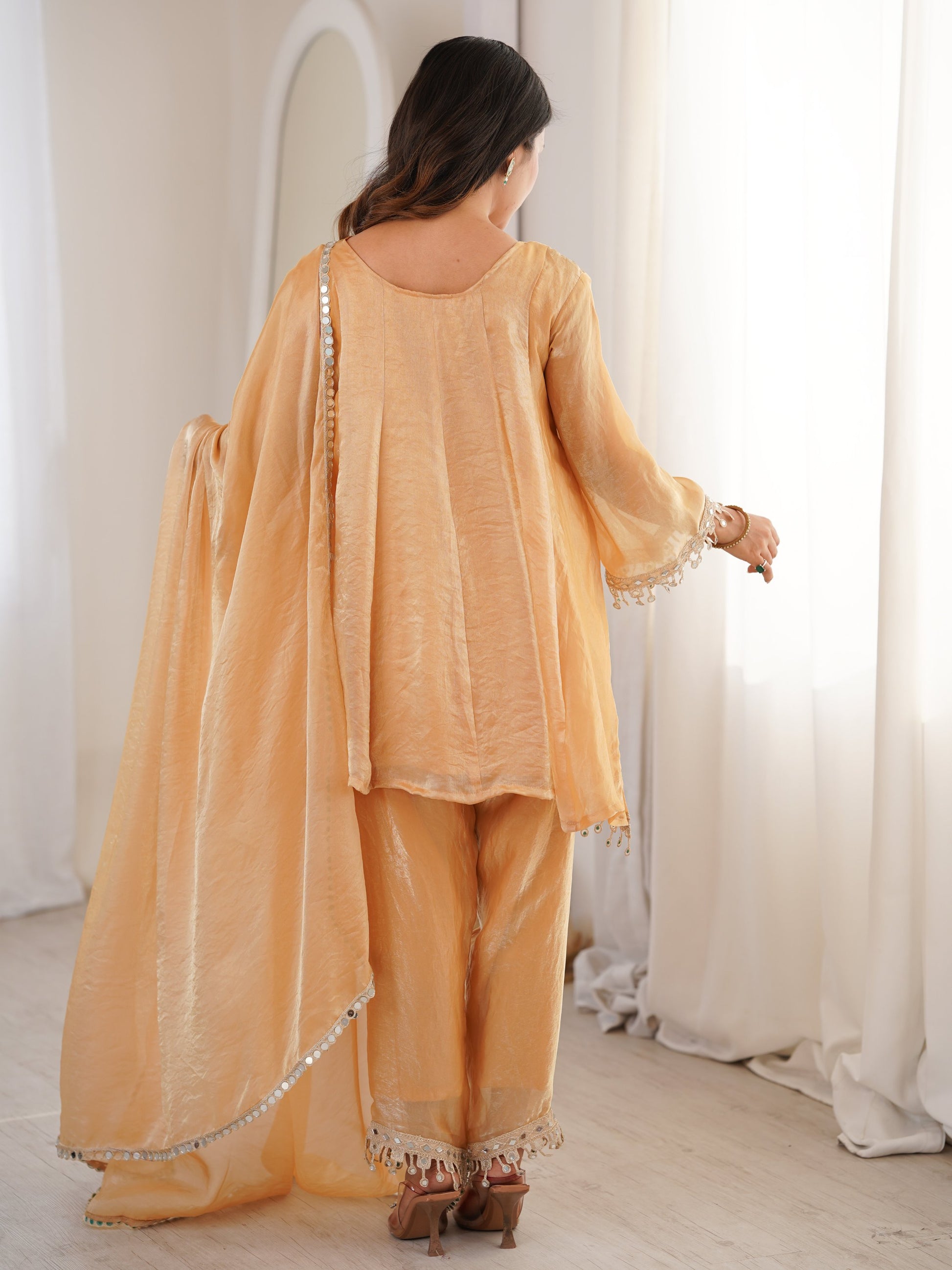 Attractive Beige Lace Work Silk Event Wear Pant Suit With Dupatta