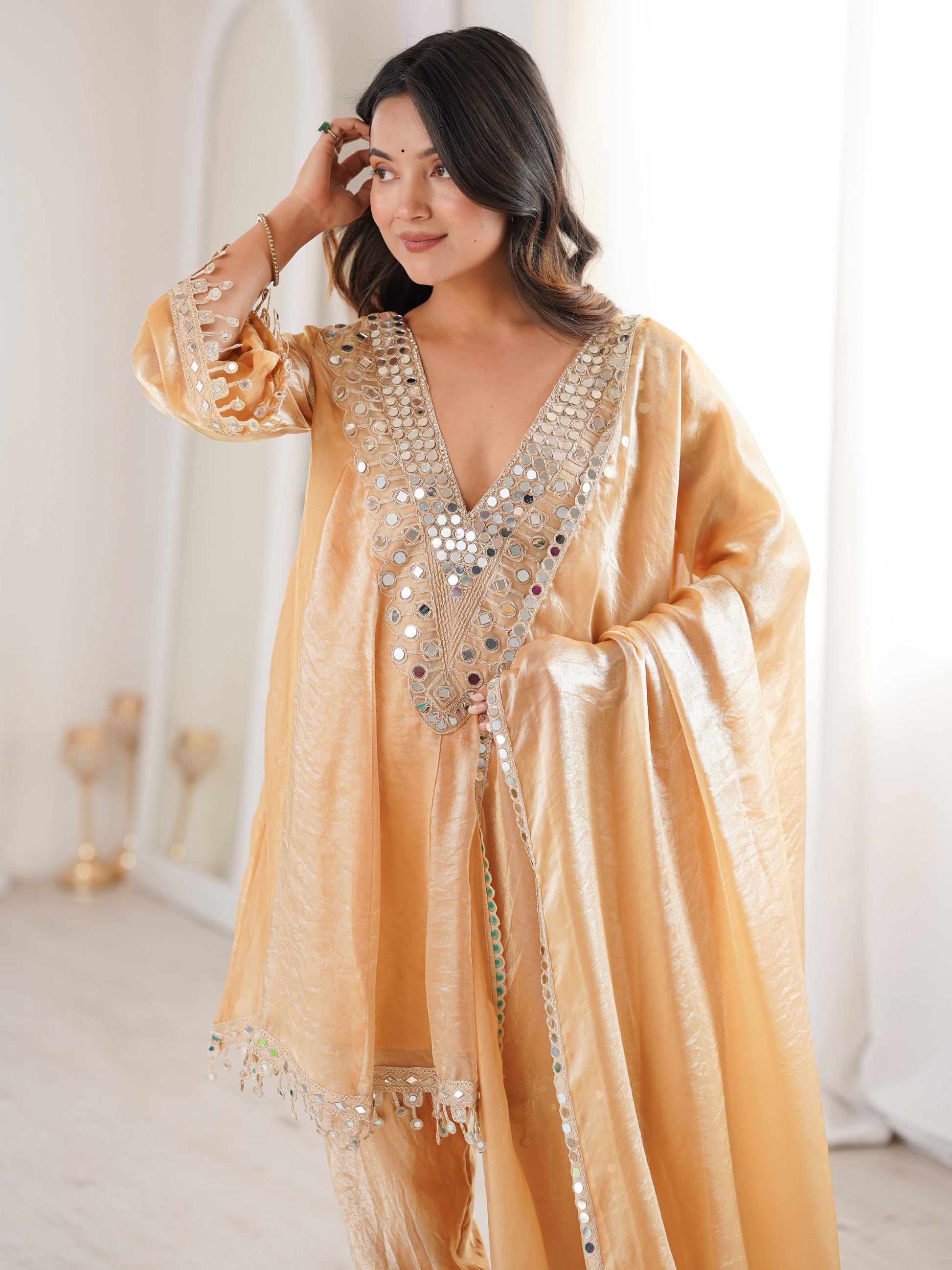 Attractive Beige Lace Work Silk Event Wear Pant Suit With Dupatta