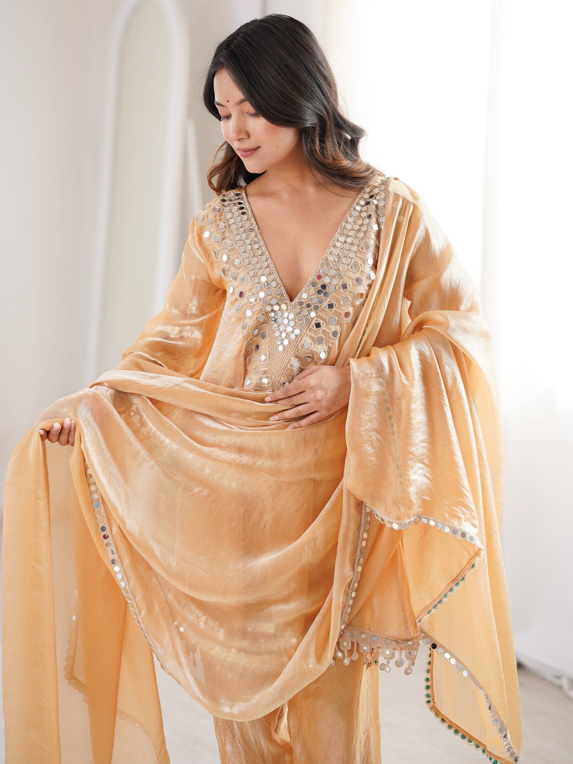 Attractive Beige Lace Work Silk Event Wear Pant Suit With Dupatta