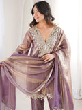 Terrific Mauve Mirror Lace Work Silk Evening Wear Pant Suit With Dupatta