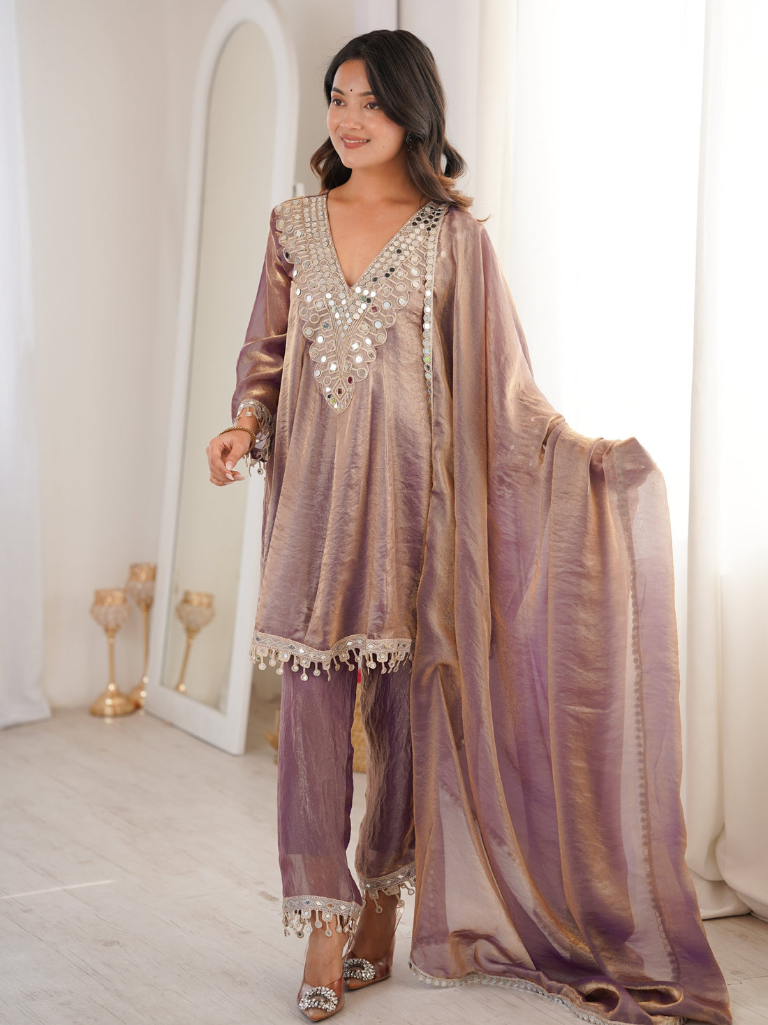 Terrific Mauve Mirror Lace Work Silk Evening Wear Pant Suit With Dupatta
