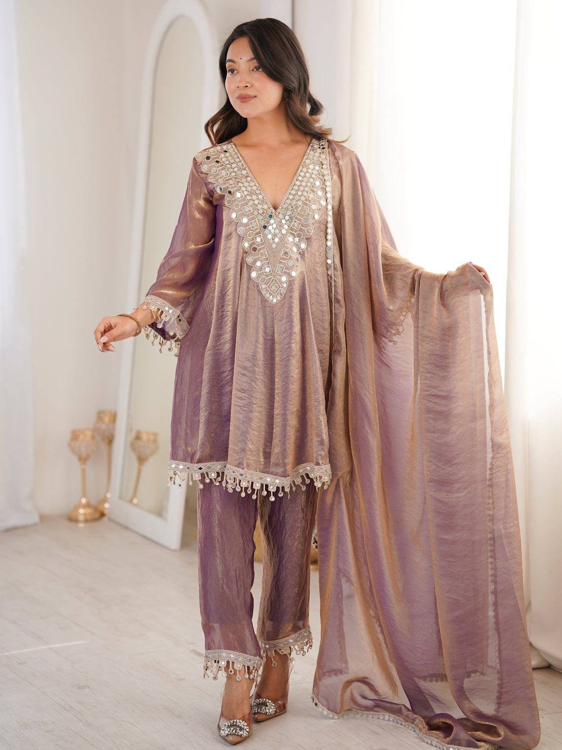 Terrific Mauve Mirror Lace Work Silk Evening Wear Pant Suit With Dupatta
