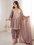 Terrific Mauve Mirror Lace Work Silk Evening Wear Pant Suit With Dupatta