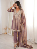Terrific Mauve Mirror Lace Work Silk Evening Wear Pant Suit With Dupatta