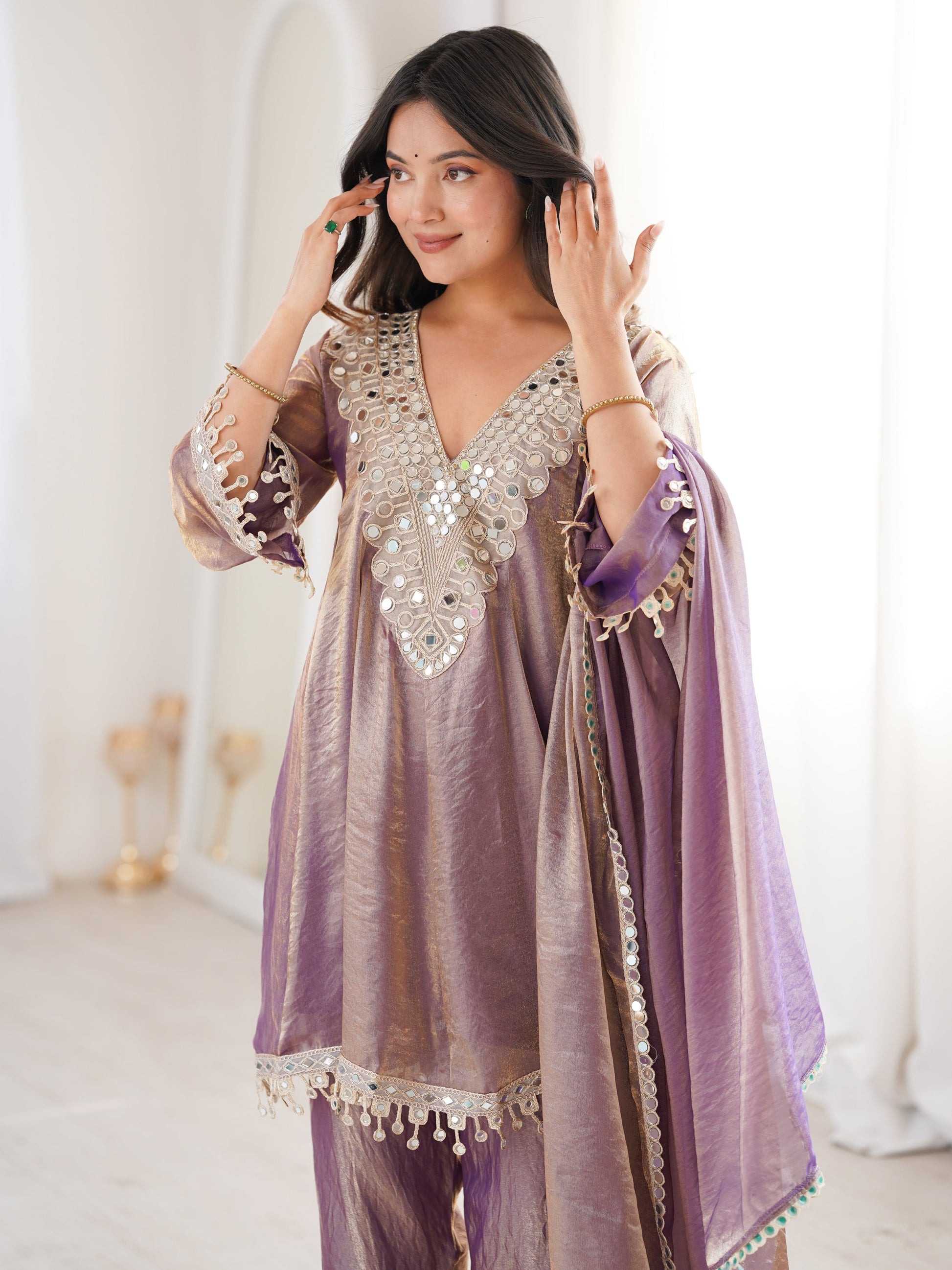 Terrific Mauve Mirror Lace Work Silk Evening Wear Pant Suit With Dupatta