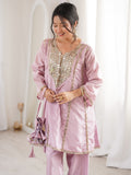 Tantalizing Pink Mirror Work Silk Event Wear Pant Suit
