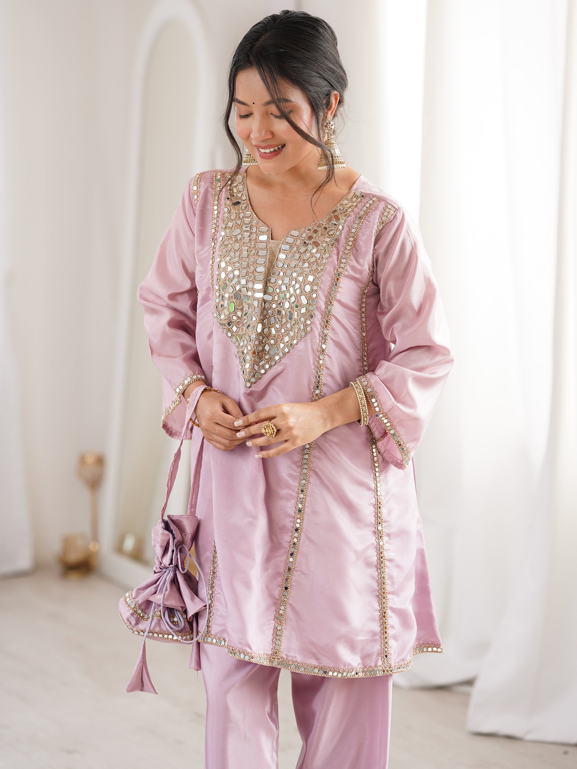 Tantalizing Pink Mirror Work Silk Event Wear Pant Suit