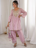 Tantalizing Pink Mirror Work Silk Event Wear Pant Suit