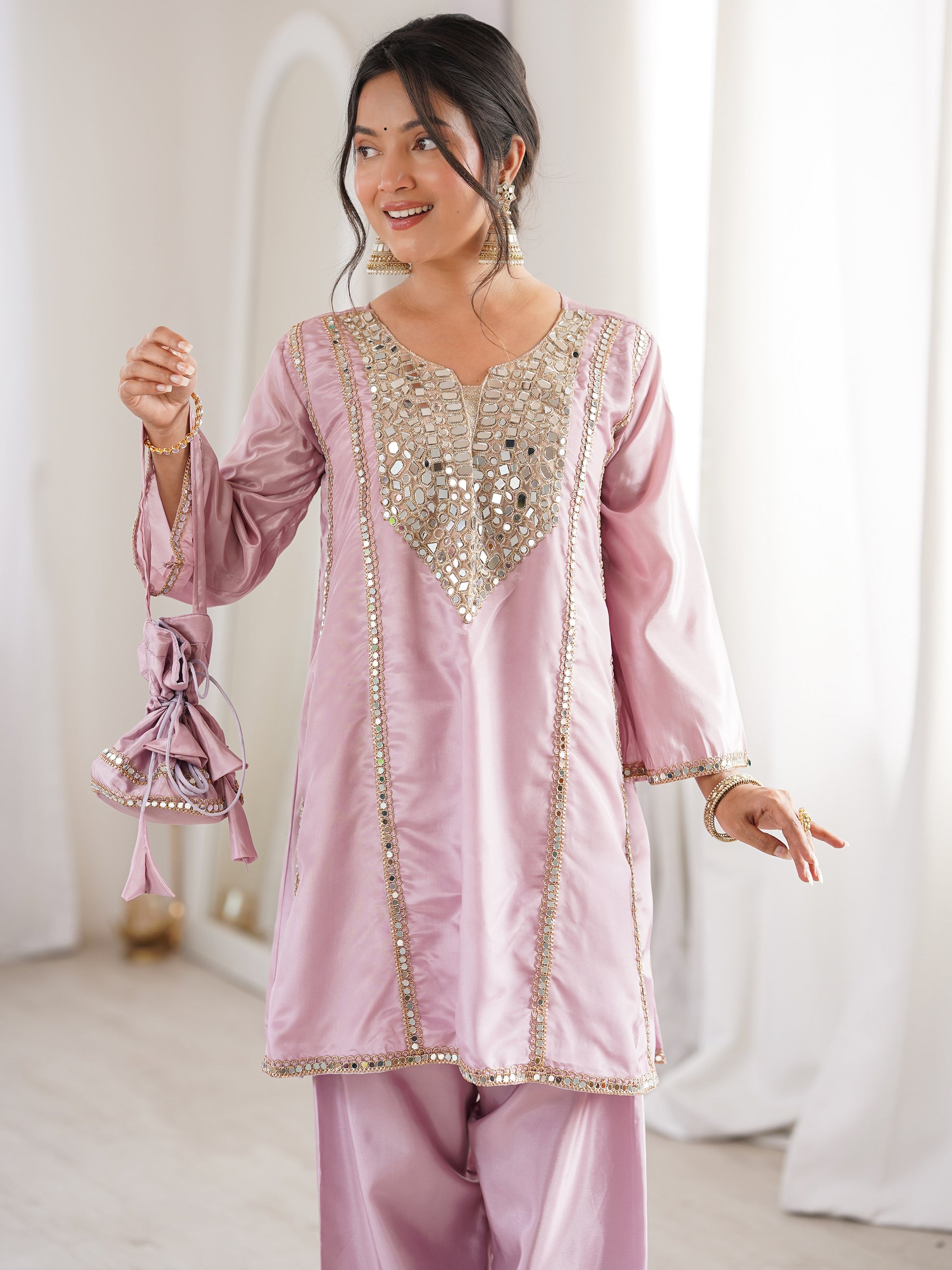 Tantalizing Pink Mirror Work Silk Event Wear Pant Suit