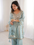 Marvelous Sky Blue Mirror Work Silk Festival Wear Pant Suit