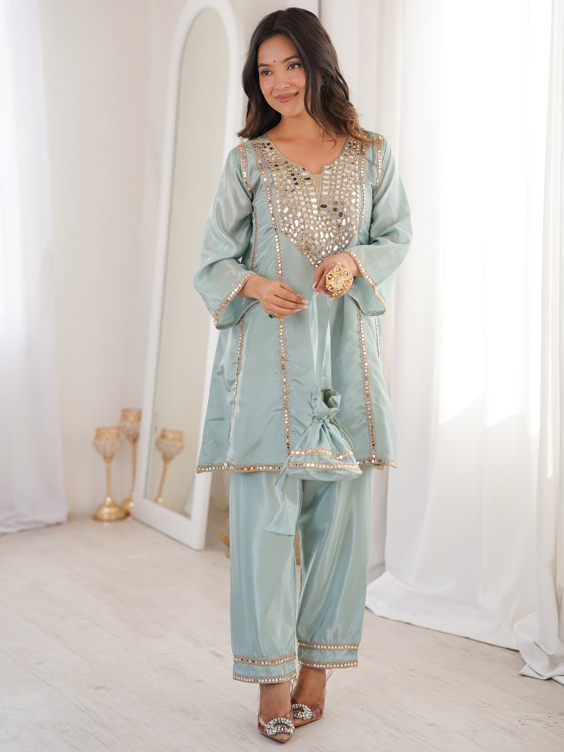 Marvelous Sky Blue Mirror Work Silk Festival Wear Pant Suit