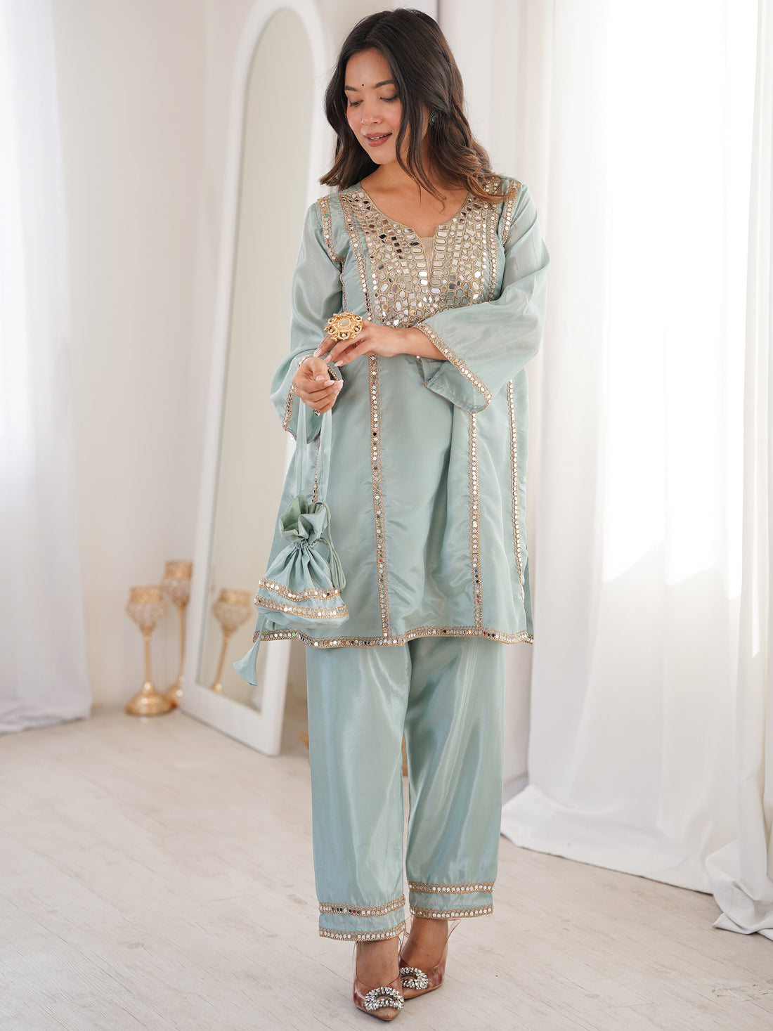 Marvelous Sky Blue Mirror Work Silk Festival Wear Pant Suit