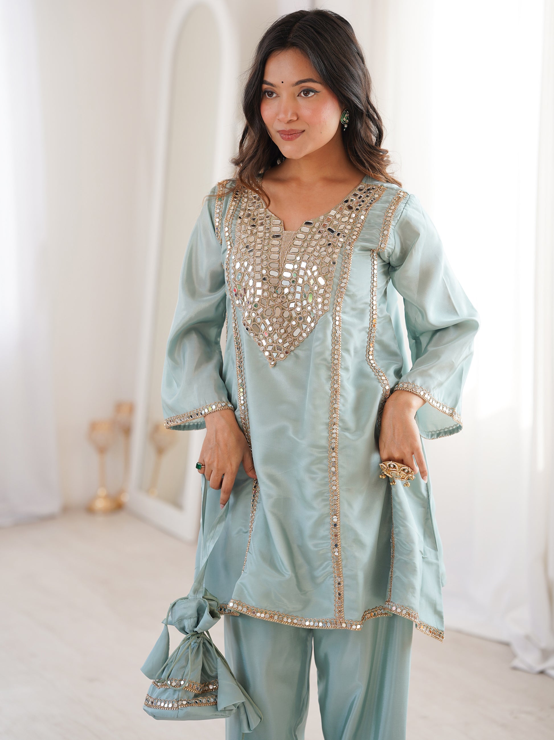 Marvelous Sky Blue Mirror Work Silk Festival Wear Pant Suit