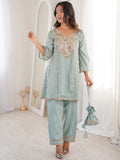 Marvelous Sky Blue Mirror Work Silk Festival Wear Pant Suit