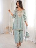 Marvelous Sky Blue Mirror Work Silk Festival Wear Pant Suit