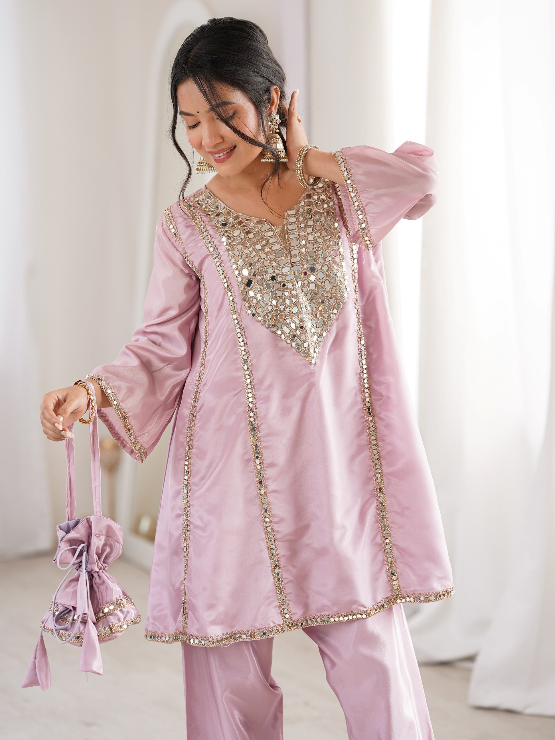 Tantalizing Pink Mirror Work Silk Event Wear Pant Suit