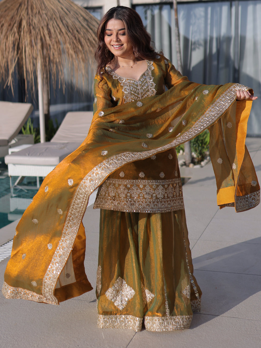 Sparkling Mustard Yellow Coding Work Chiffon Festive Wear Sharara Suit