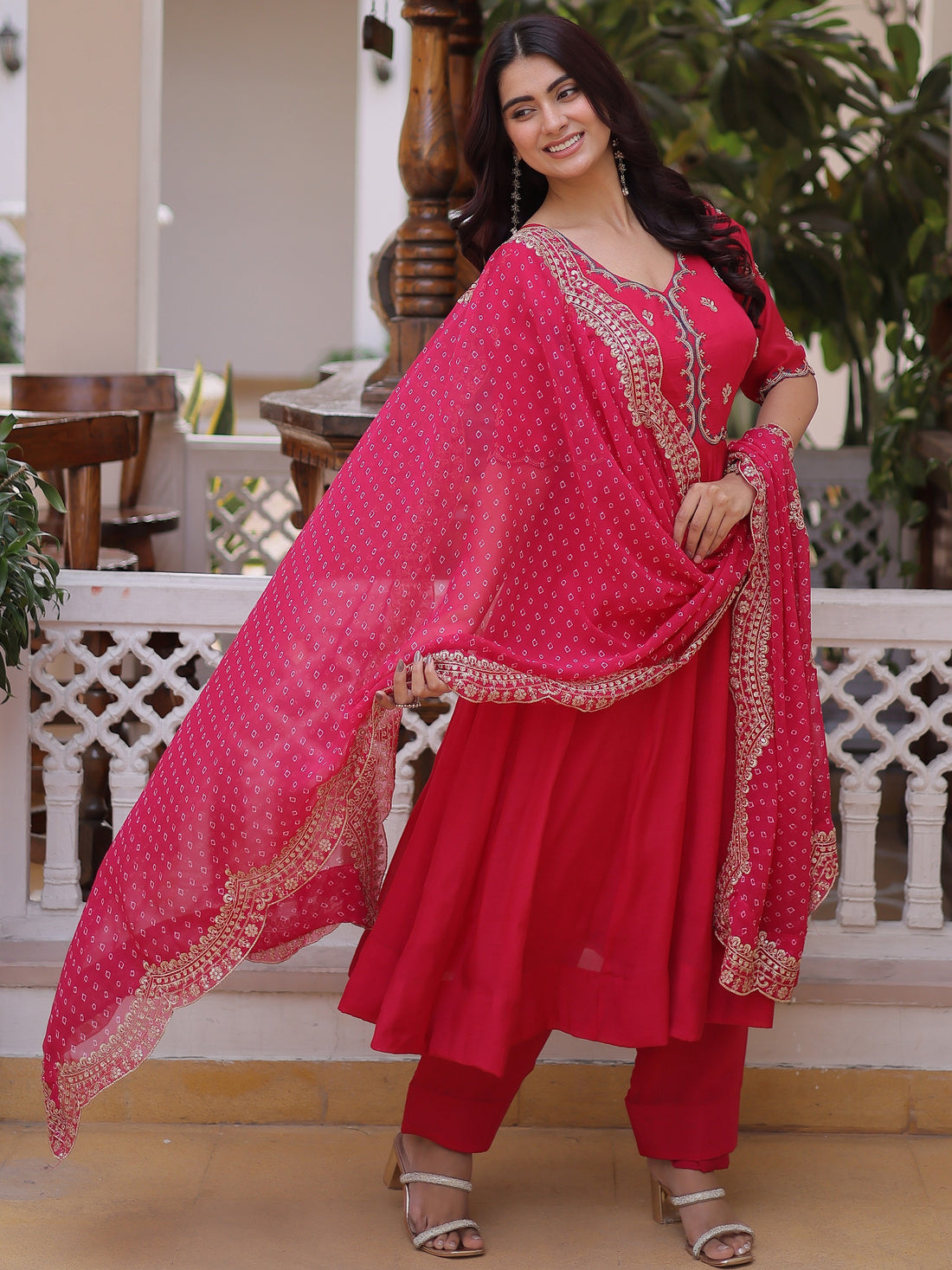 Fantastic Pink Thread Embroidery Chanderi Festival Ware Anarkali Suite With Dupatta