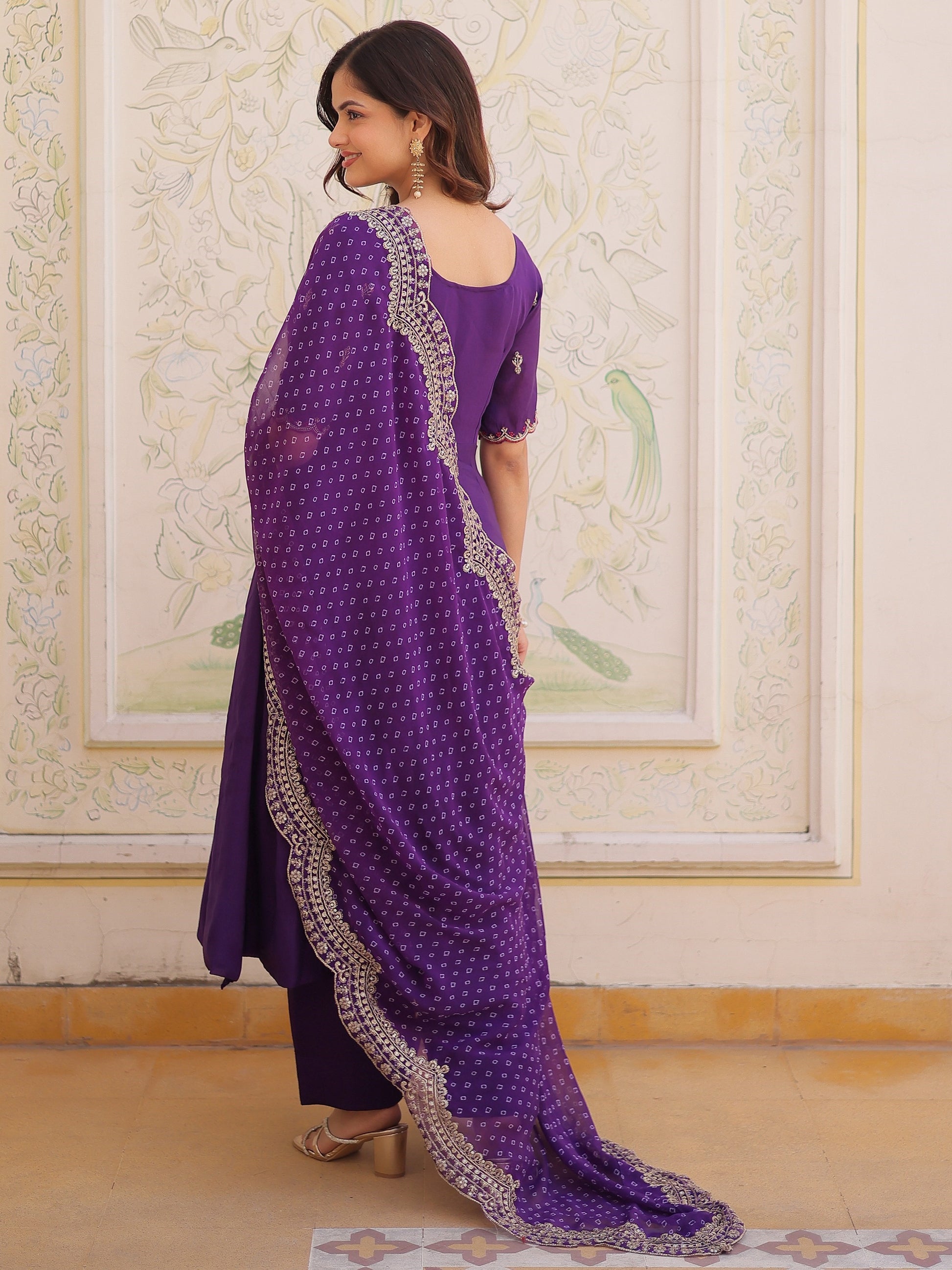 Charming Purple Beads Work Chanderi Ethnic Wear Suit With Dupatta