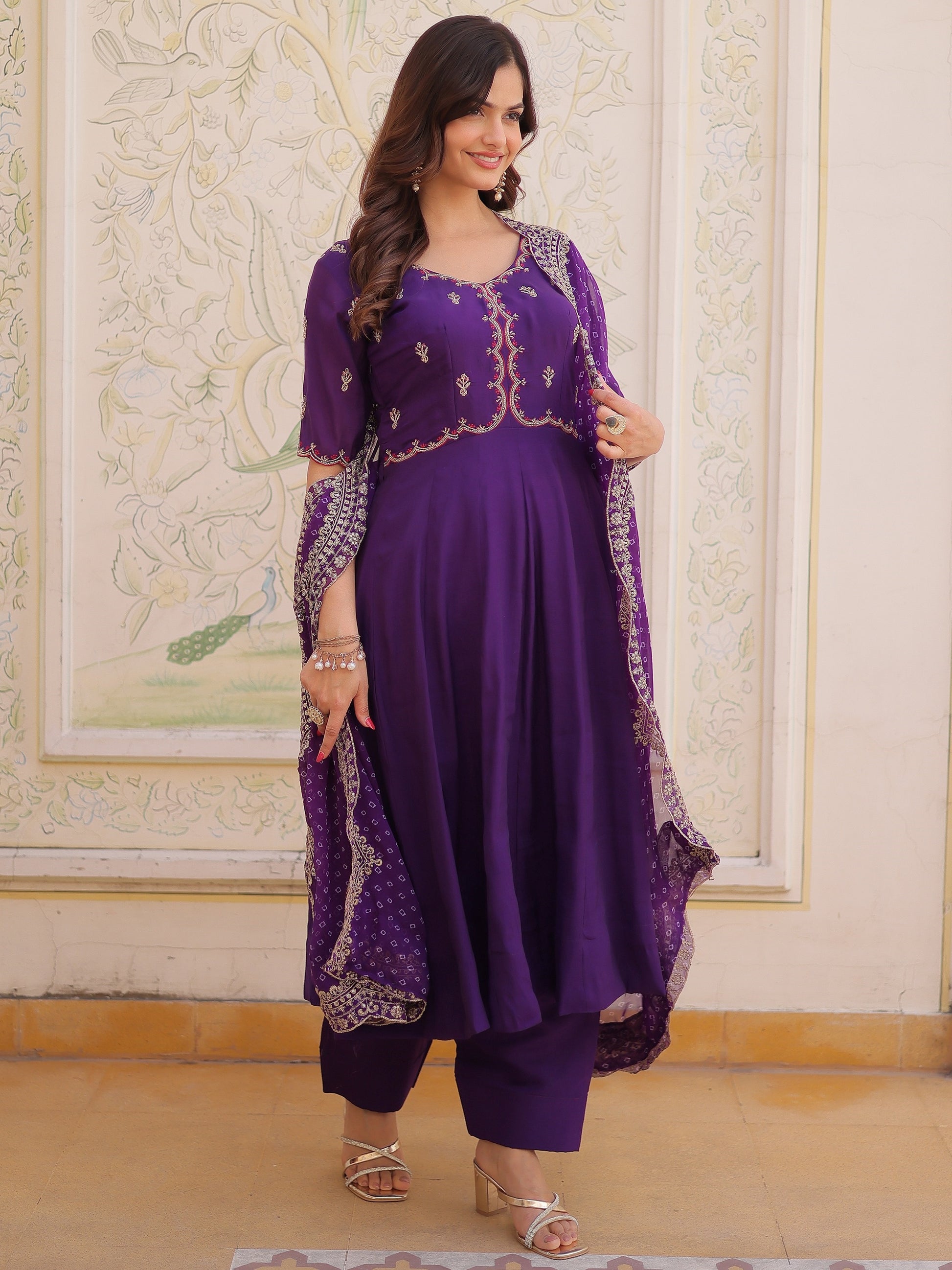 Charming Purple Beads Work Chanderi Ethnic Wear Suit With Dupatta