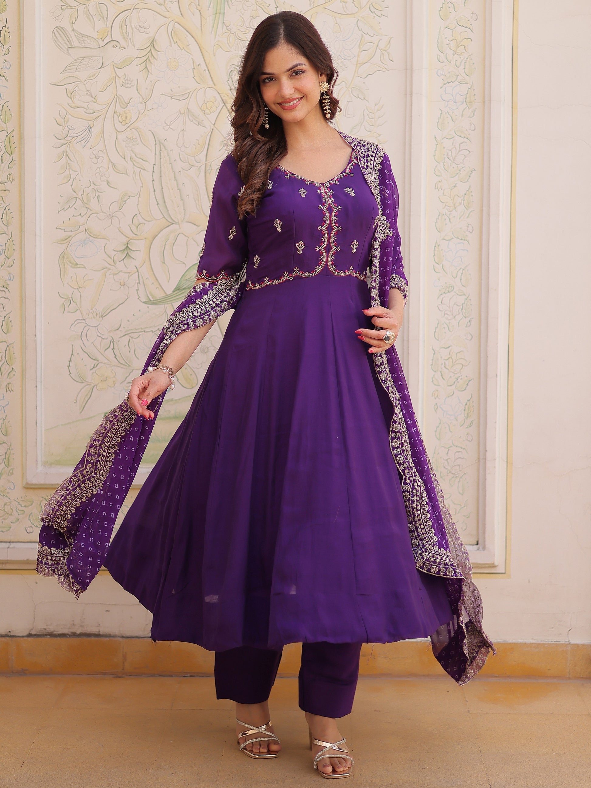 Charming Purple Beads Work Chanderi Ethnic Wear Suit With Dupatta