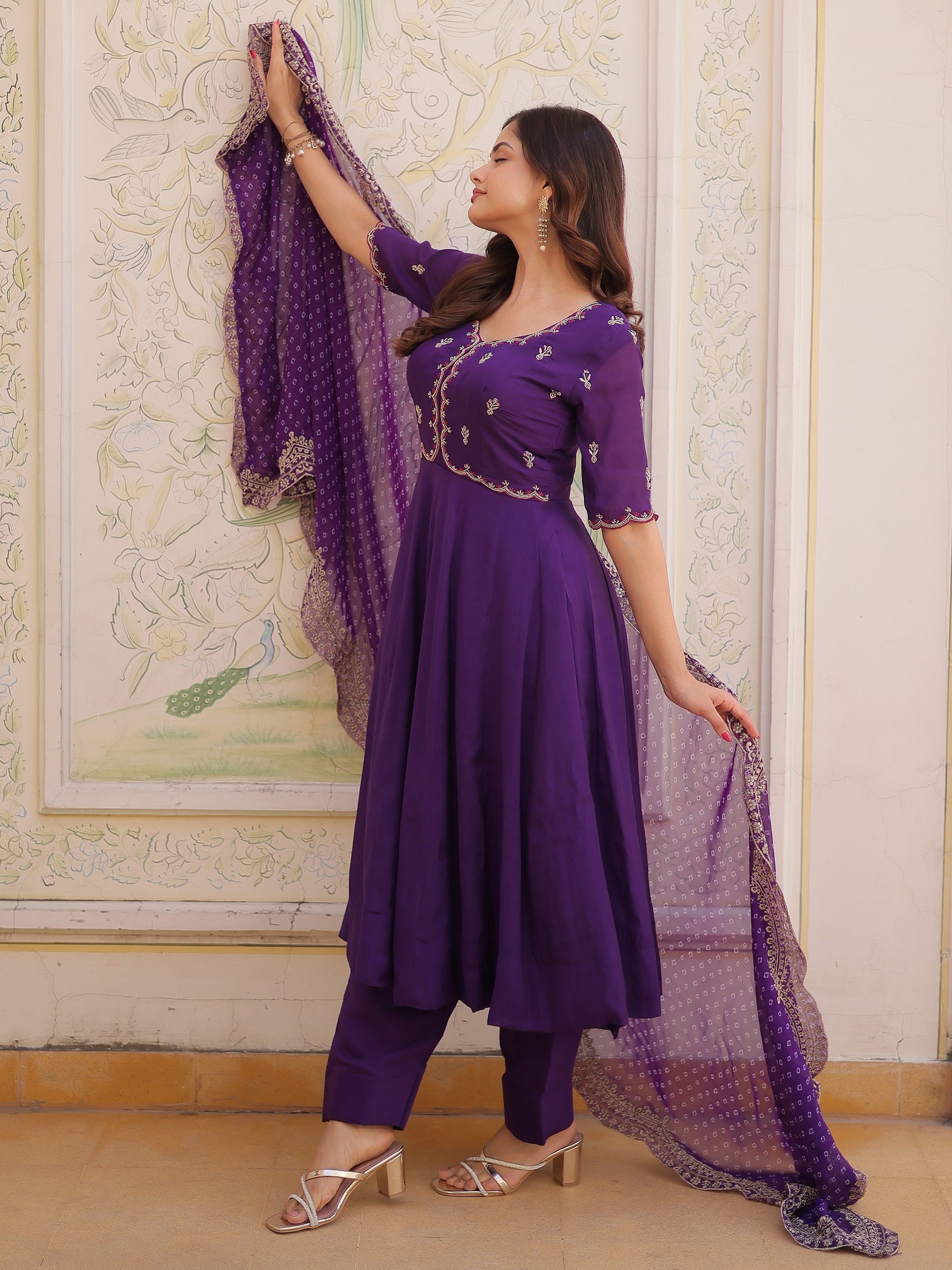 Charming Purple Beads Work Chanderi Ethnic Wear Suit With Dupatta