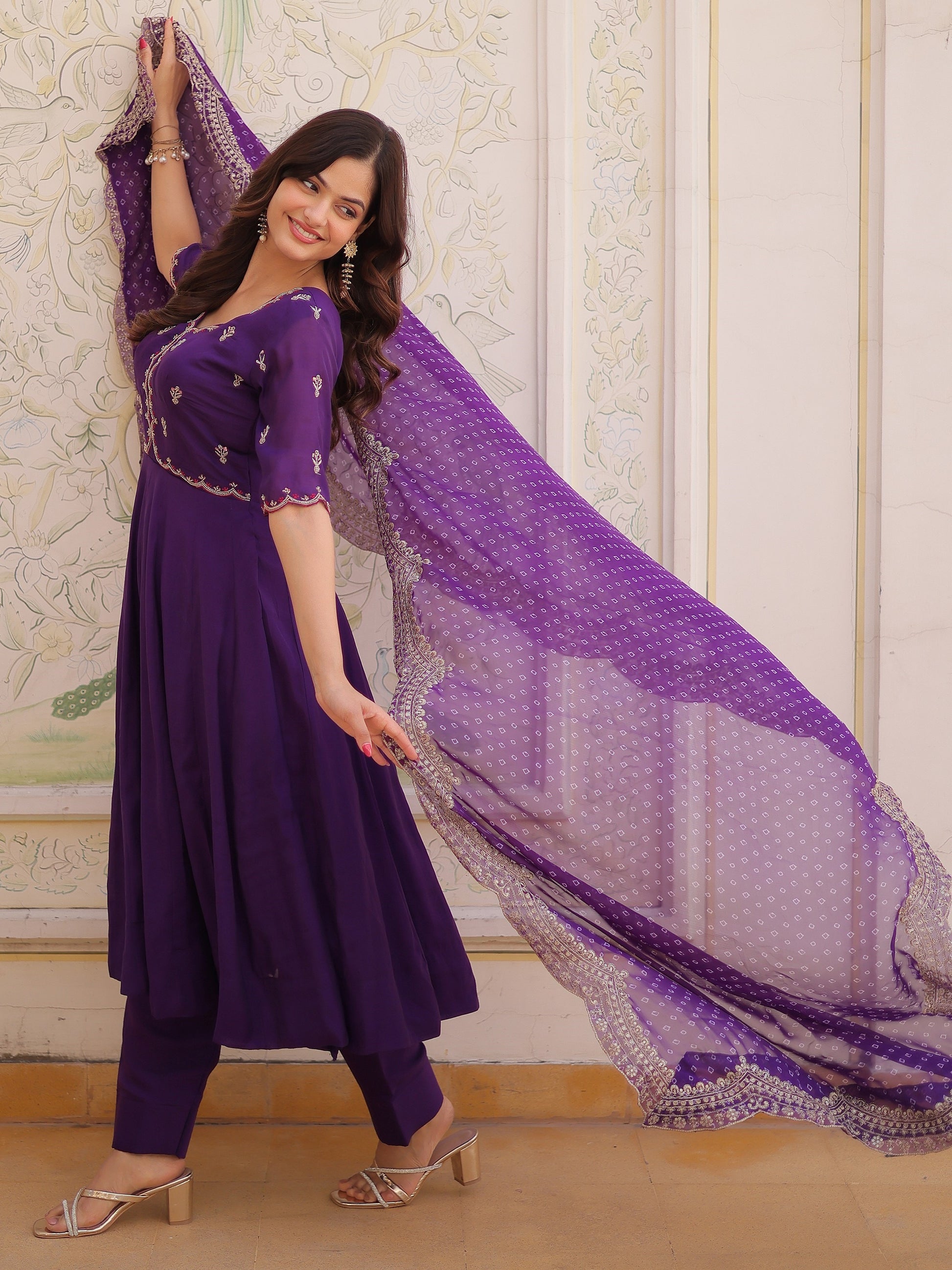 Charming Purple Beads Work Chanderi Ethnic Wear Suit With Dupatta