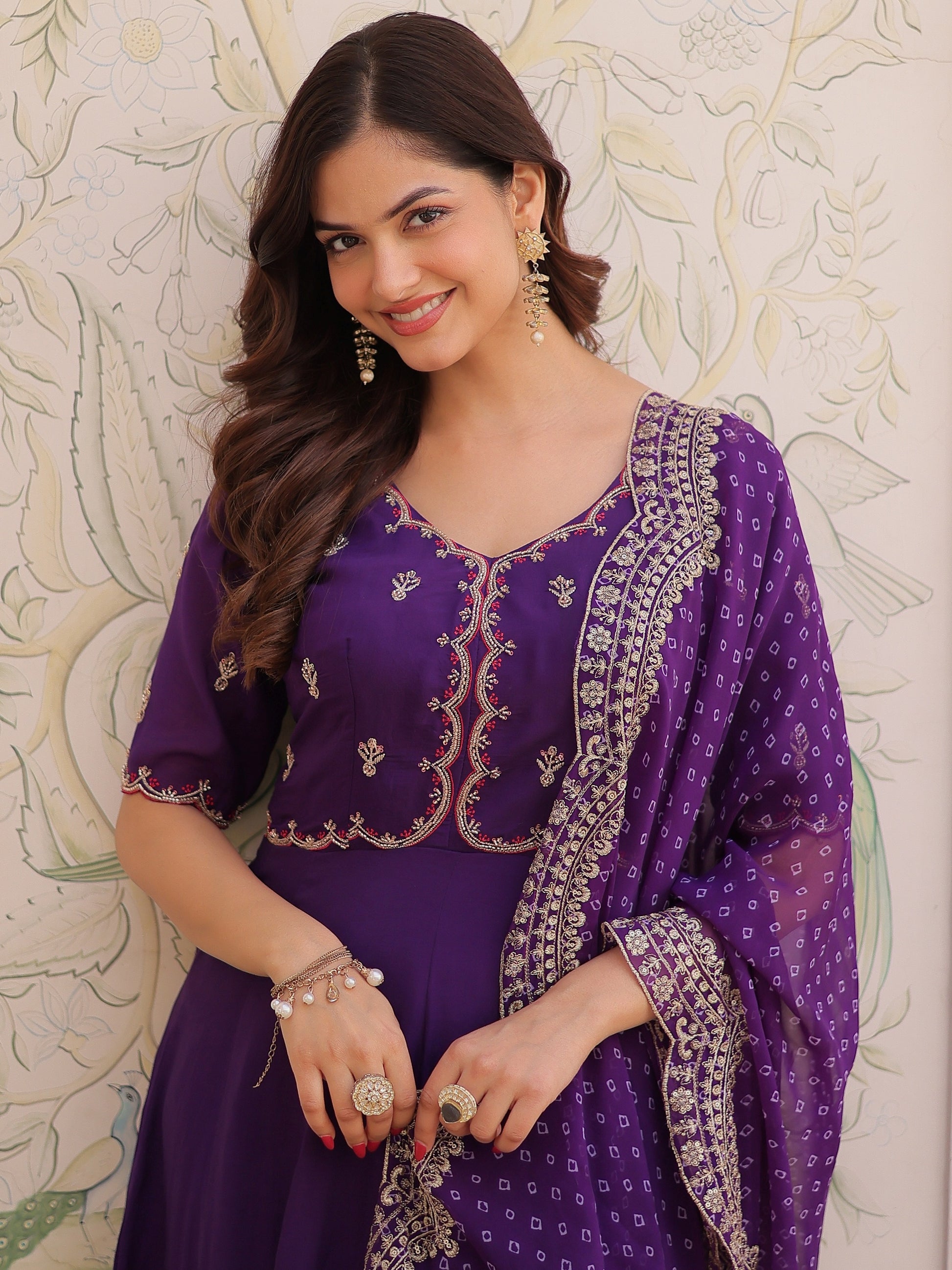 Charming Purple Beads Work Chanderi Ethnic Wear Suit With Dupatta