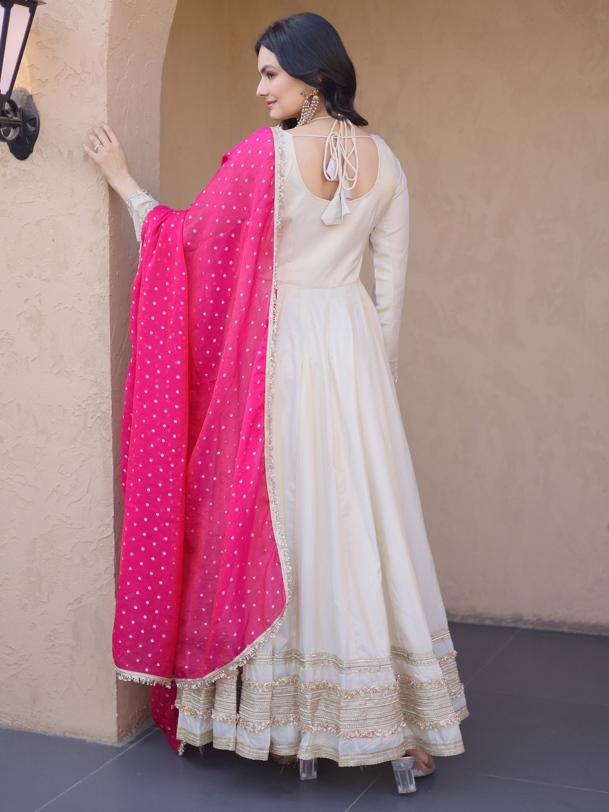 Spectacular Pink Zari Embroidered Silk Wedding Wear Gown 