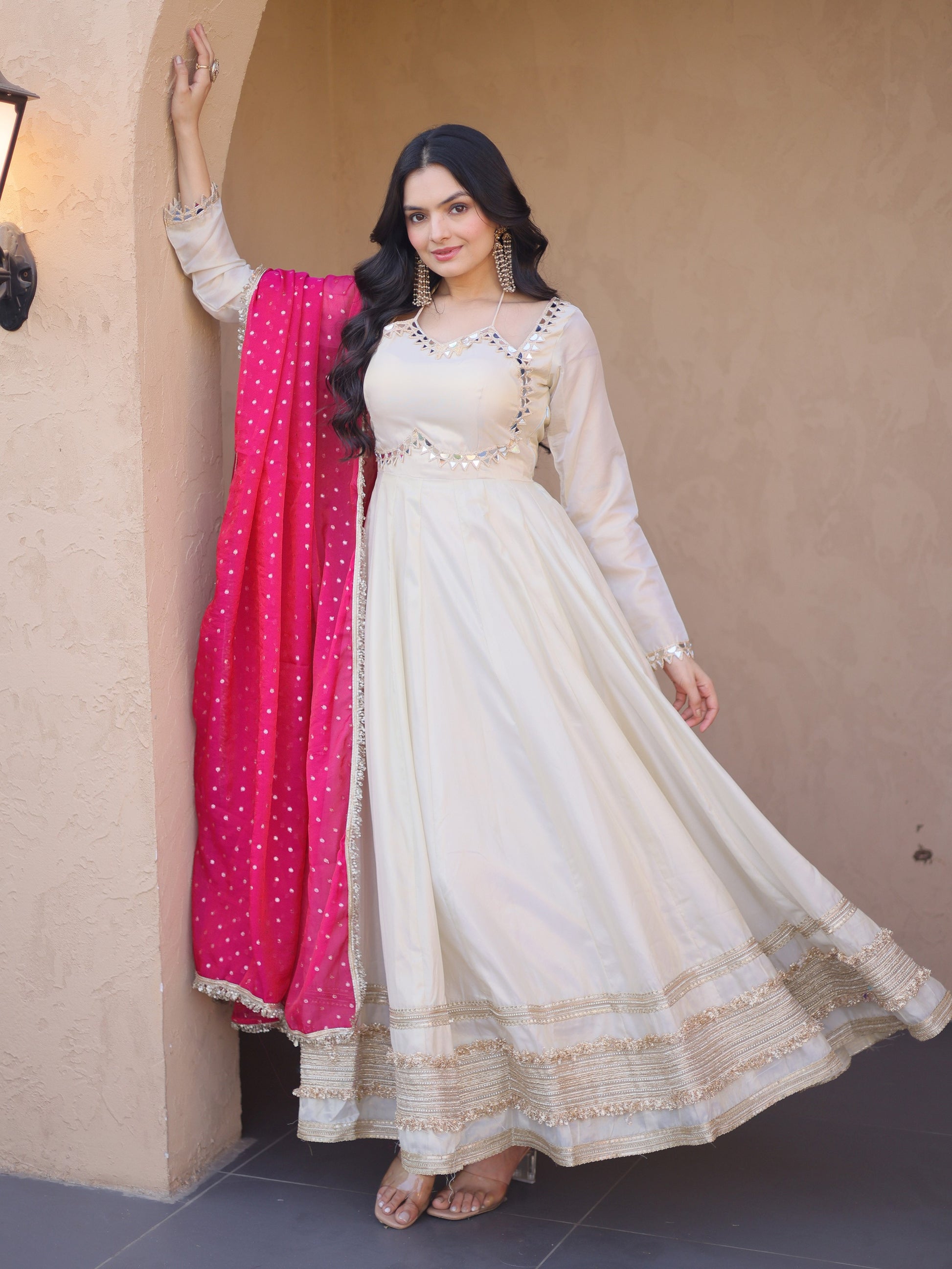 Spectacular Pink Zari Embroidered Silk Wedding Wear Gown 