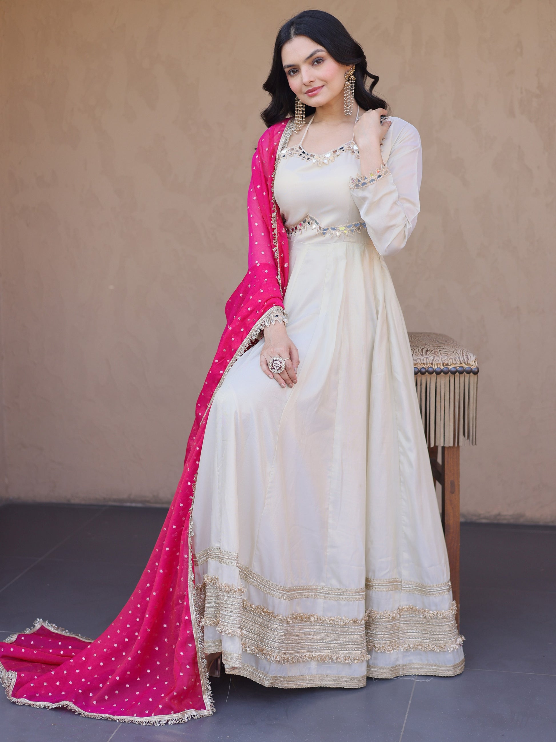 Spectacular Pink Zari Embroidered Silk Wedding Wear Gown 