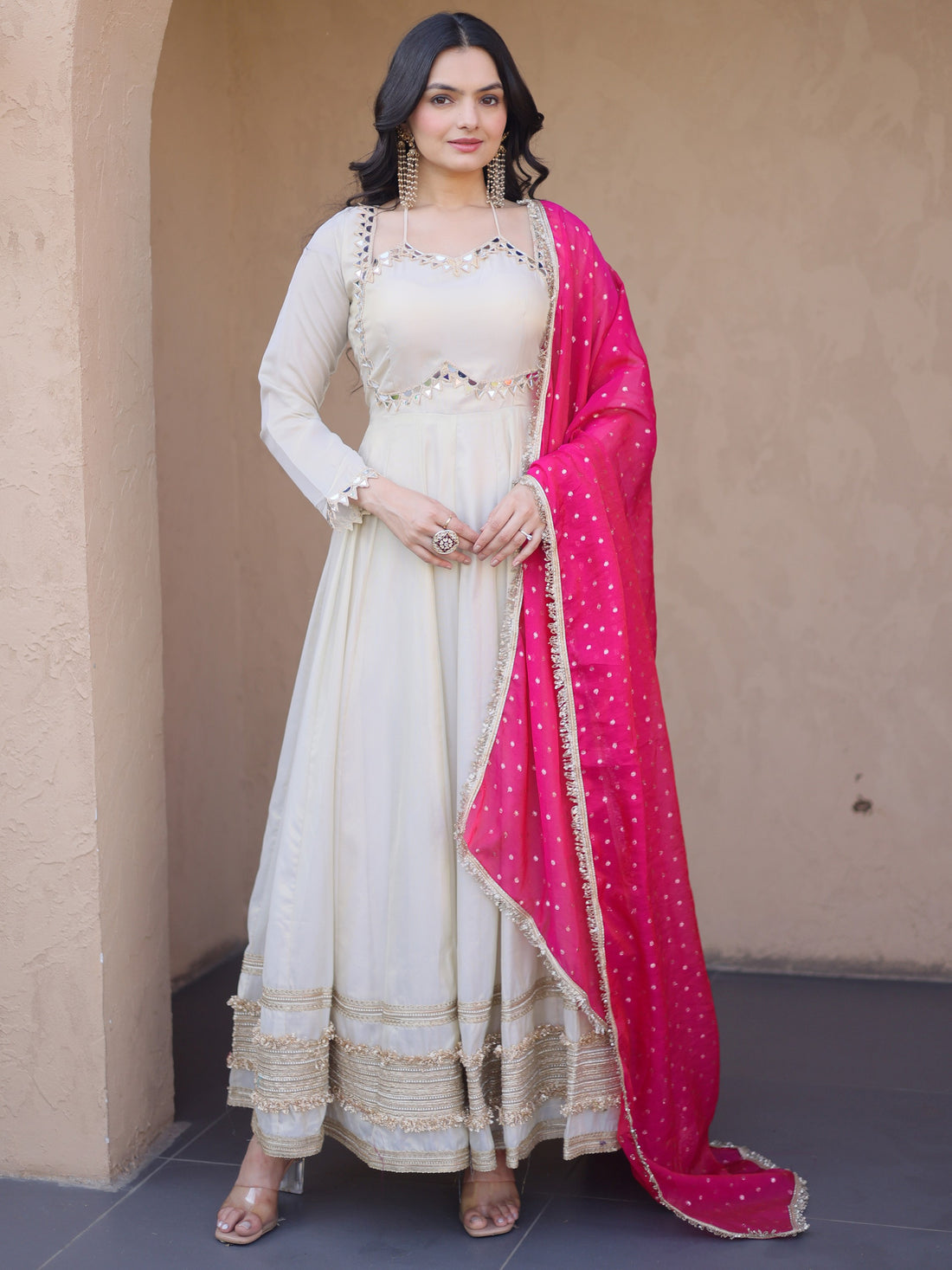 Spectacular Pink Zari Embroidered Silk Wedding Wear Gown 