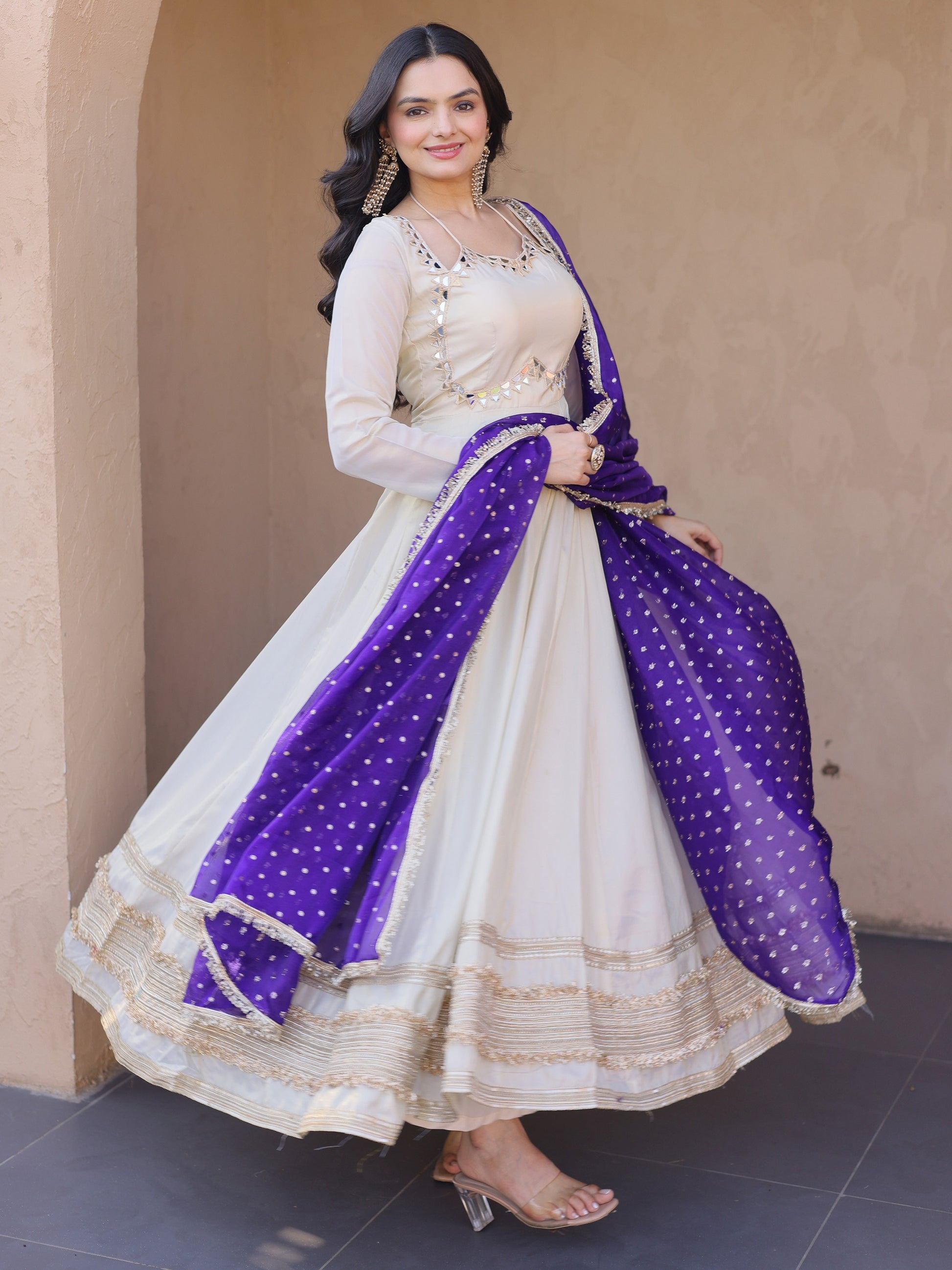 Marvelous Purple Mirror Work Silk Festival Wear Gown With Dupatta