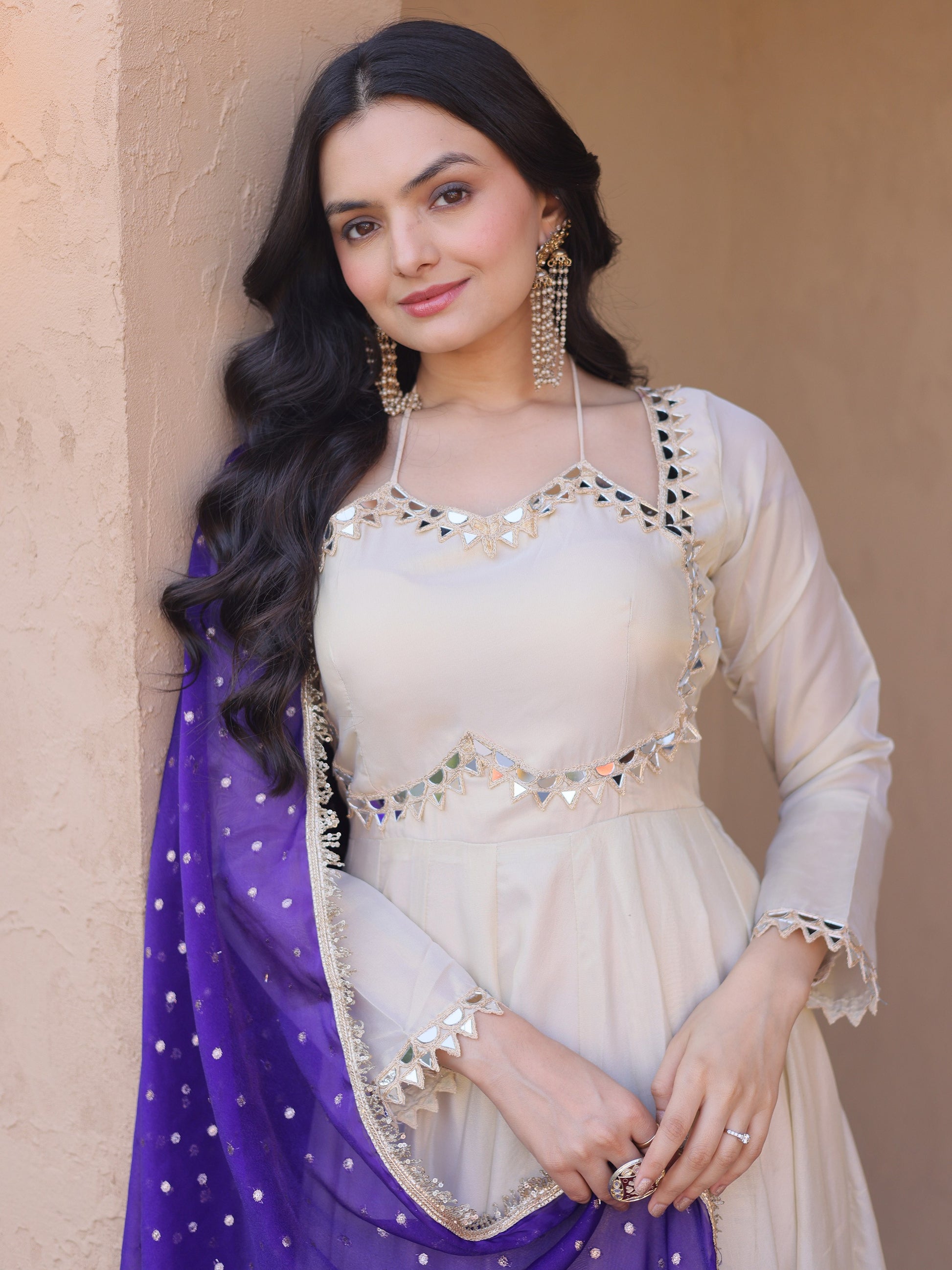 Marvelous Purple Mirror Work Silk Festival Wear Gown With Dupatta