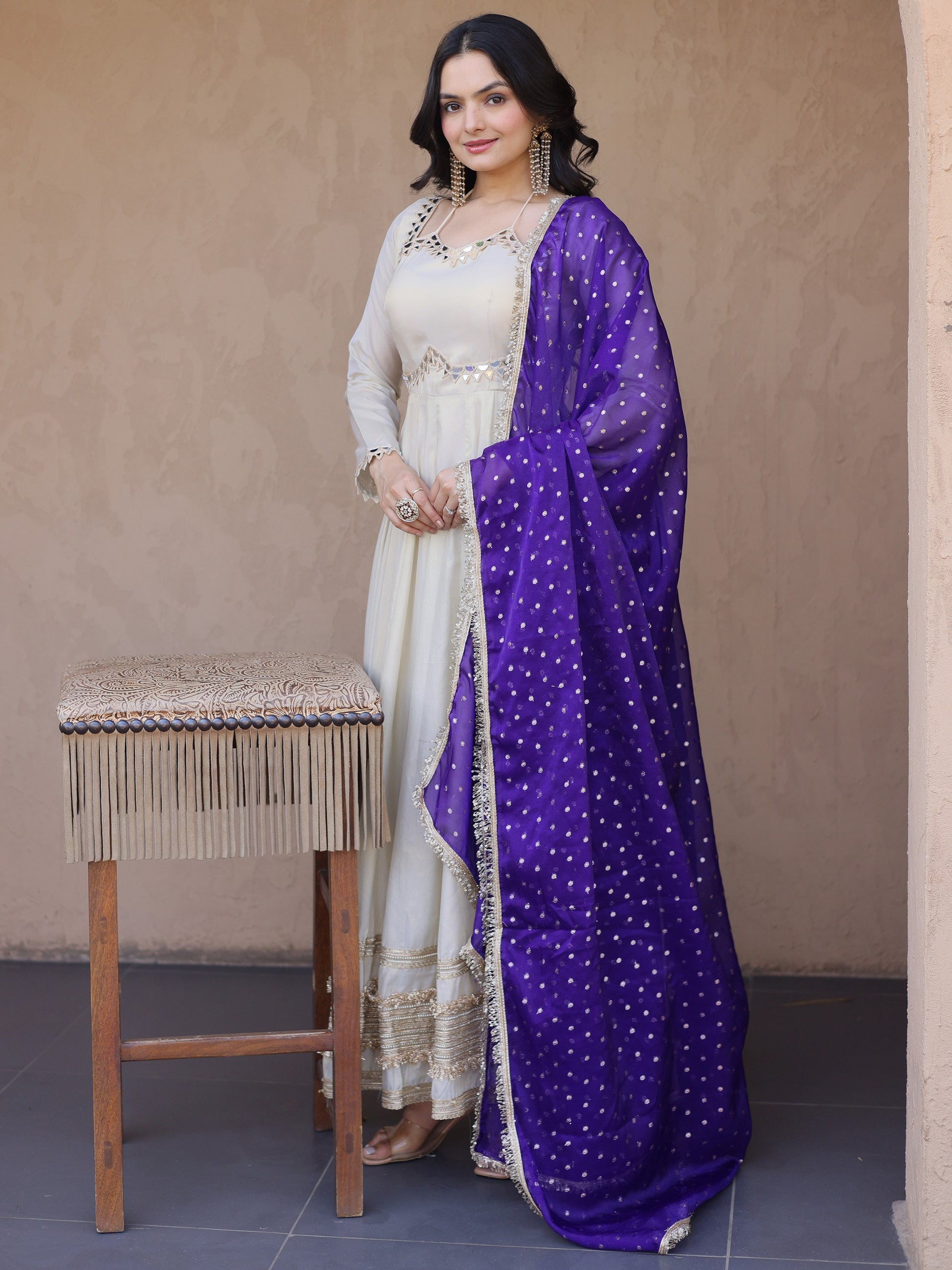 Marvelous Purple Mirror Work Silk Festival Wear Gown With Dupatta
