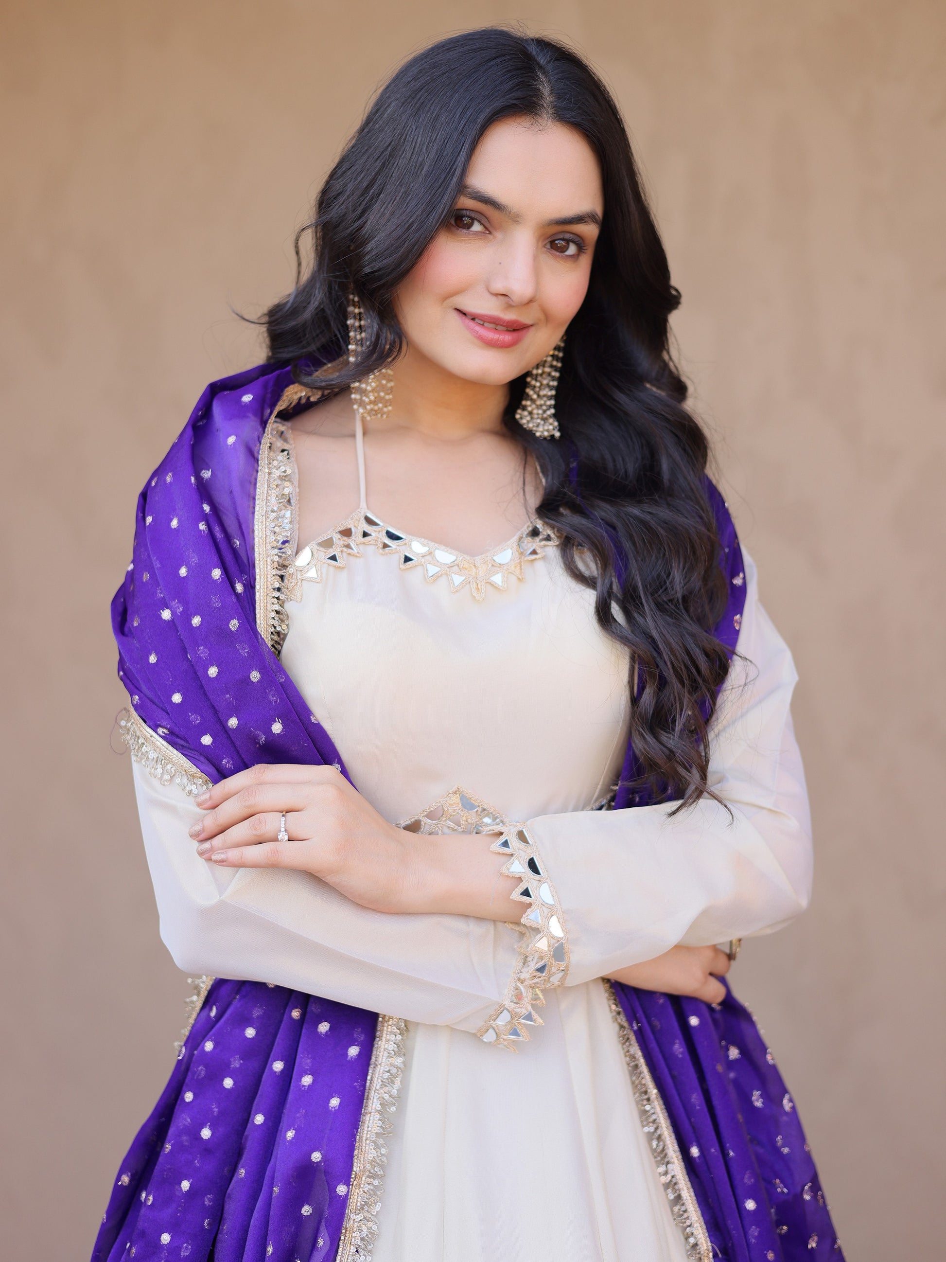 Marvelous Purple Mirror Work Silk Festival Wear Gown With Dupatta