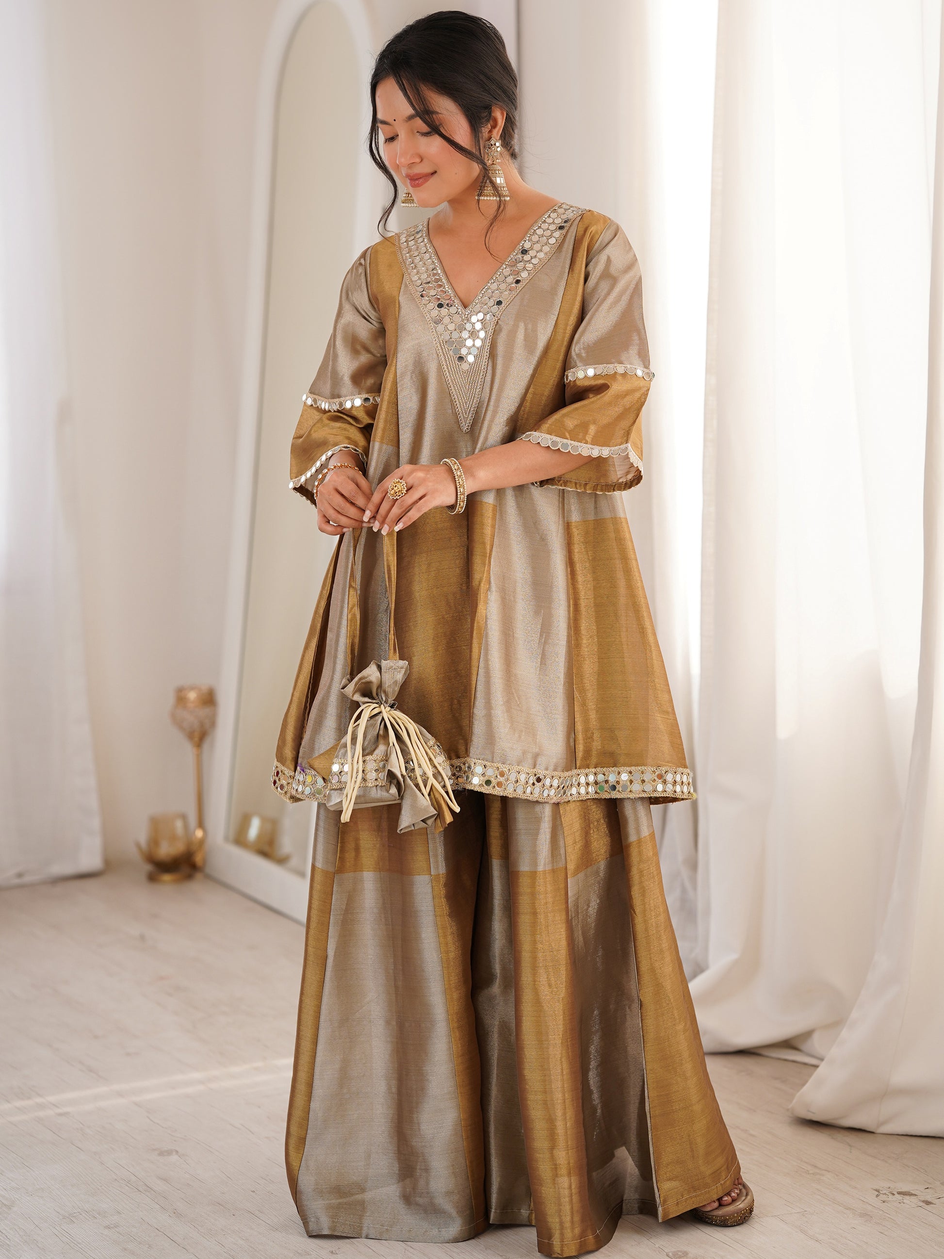 Fabulous Golden Mirror Work Tissue Silk Festival Wear Palazzo Suit