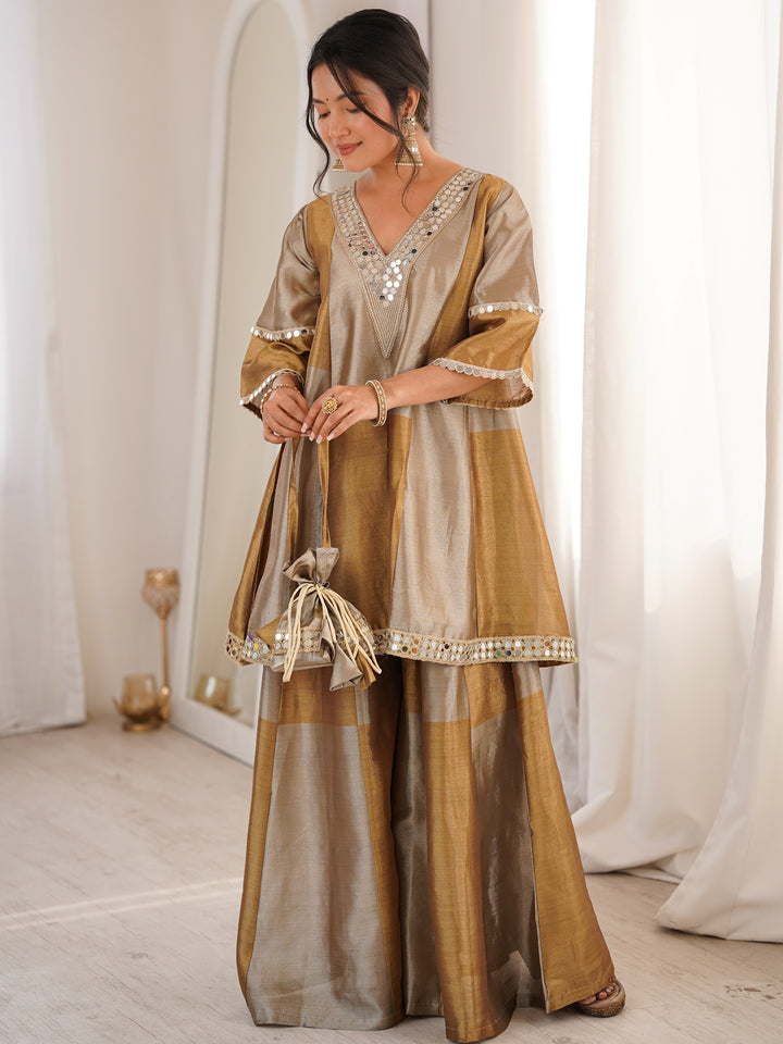 Fabulous Golden Mirror Work Tissue Silk Festival Wear Palazzo Suit